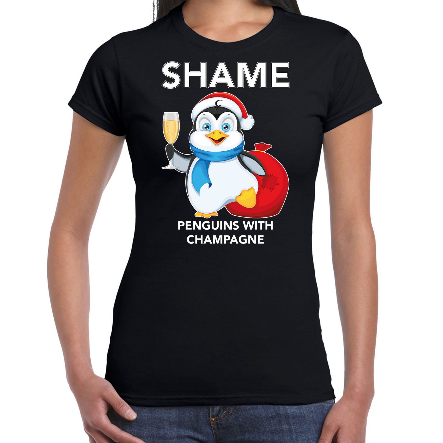 Pinguin Kerst t-shirt-outfit Shame penguins with champagne zwart voor dames