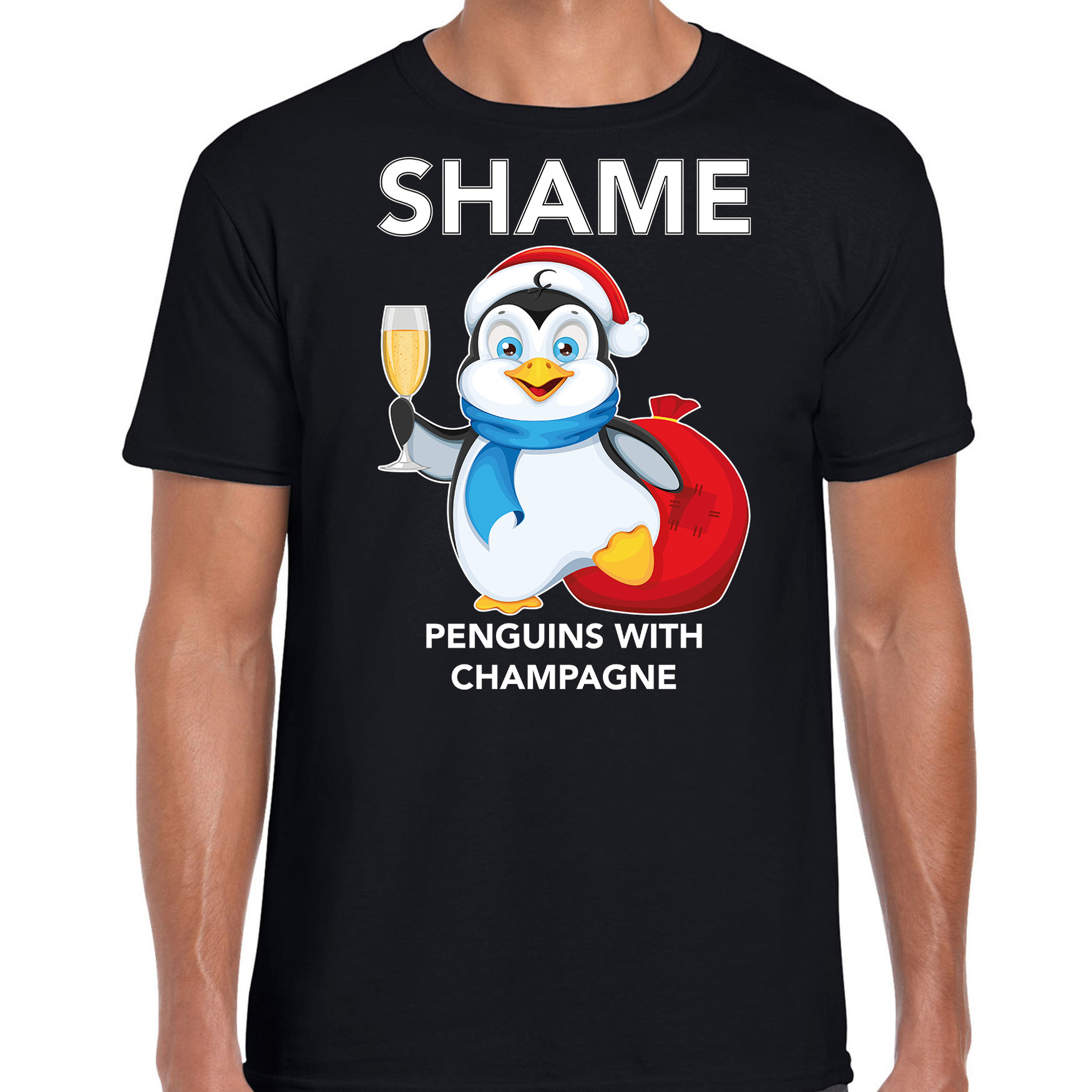 Pinguin Kerst t-shirt-outfit Shame penguins with champagne zwart voor heren