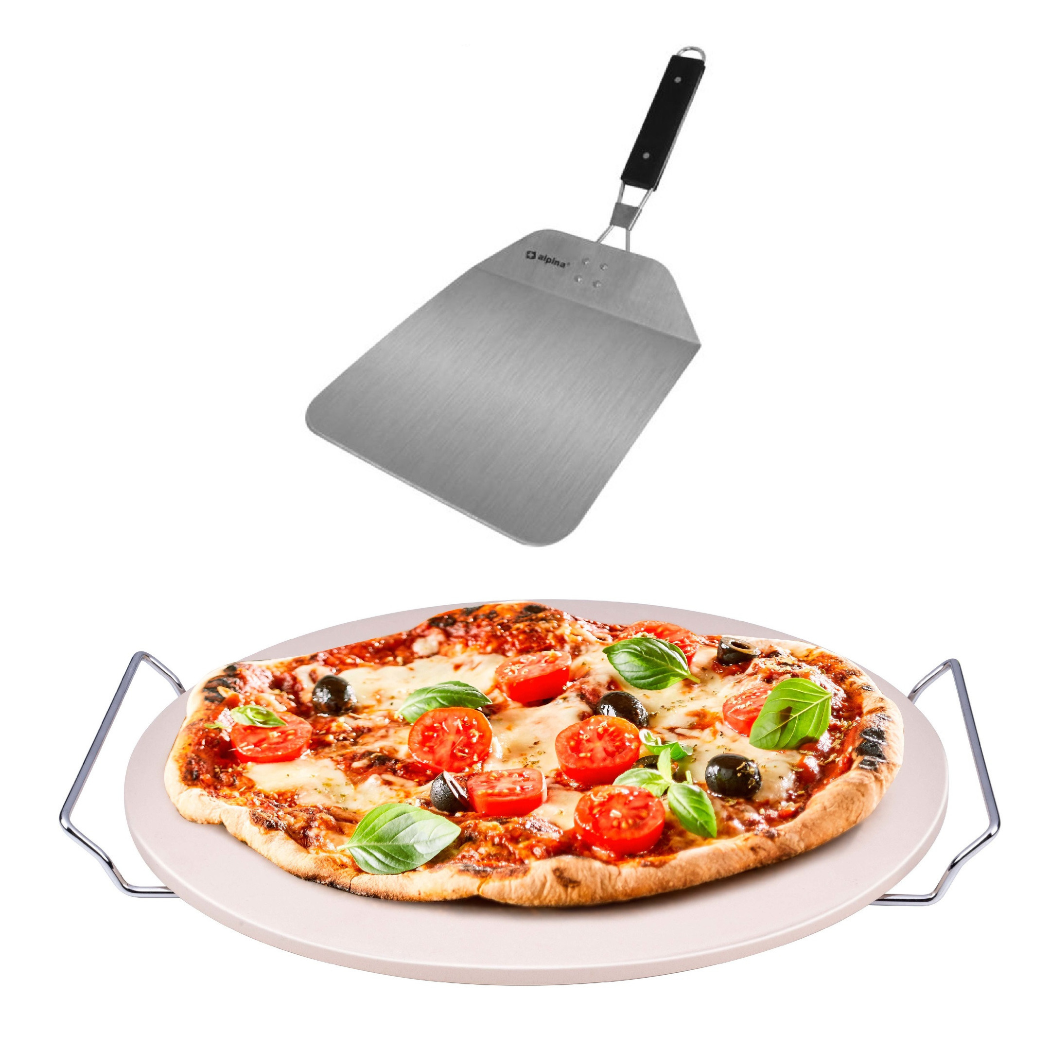 Pizzasteen BBQ/oven rond keramiek 33 cm met handvaten - Met inklapbare RVS pizzaschep 25 cm