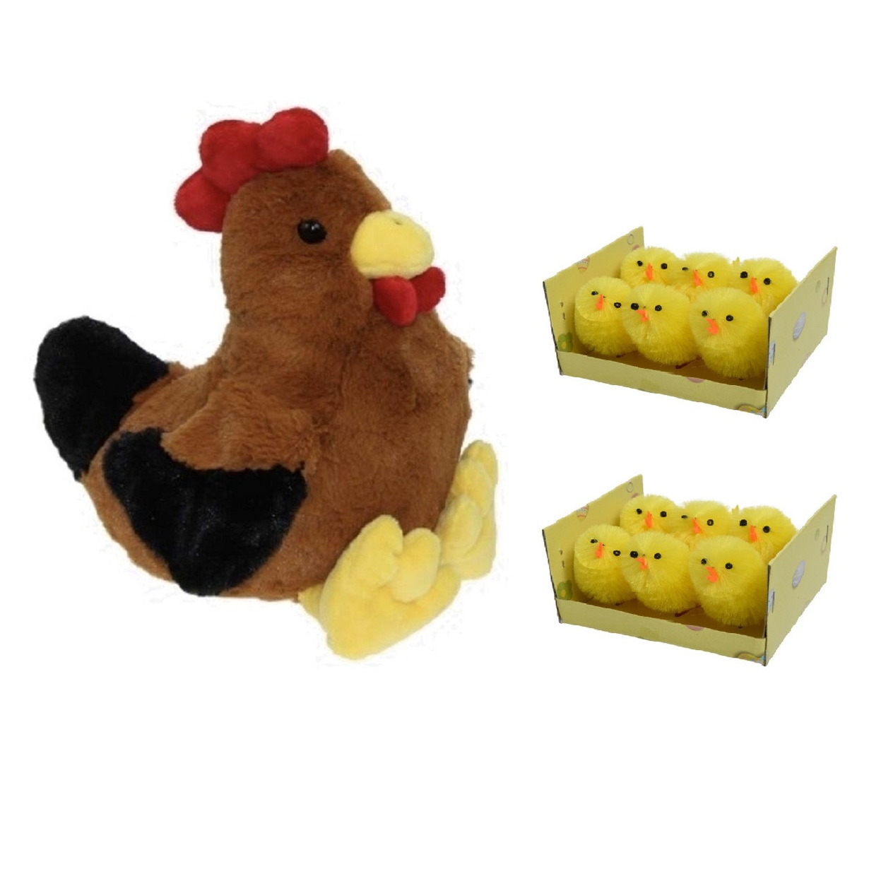 Pluche bruine kippen-hanen knuffel van 25 cm met 12x stuks mini kuikentjes 4 cm