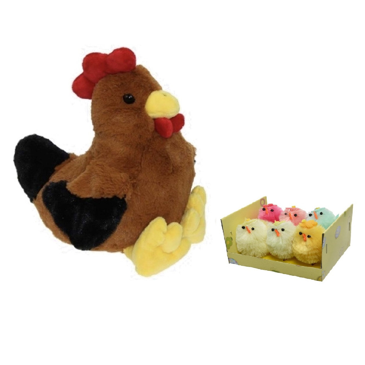 Pluche bruine kippen-hanen knuffel van 25 cm met 6x stuks mini gekleurde kuikentjes 4 cm