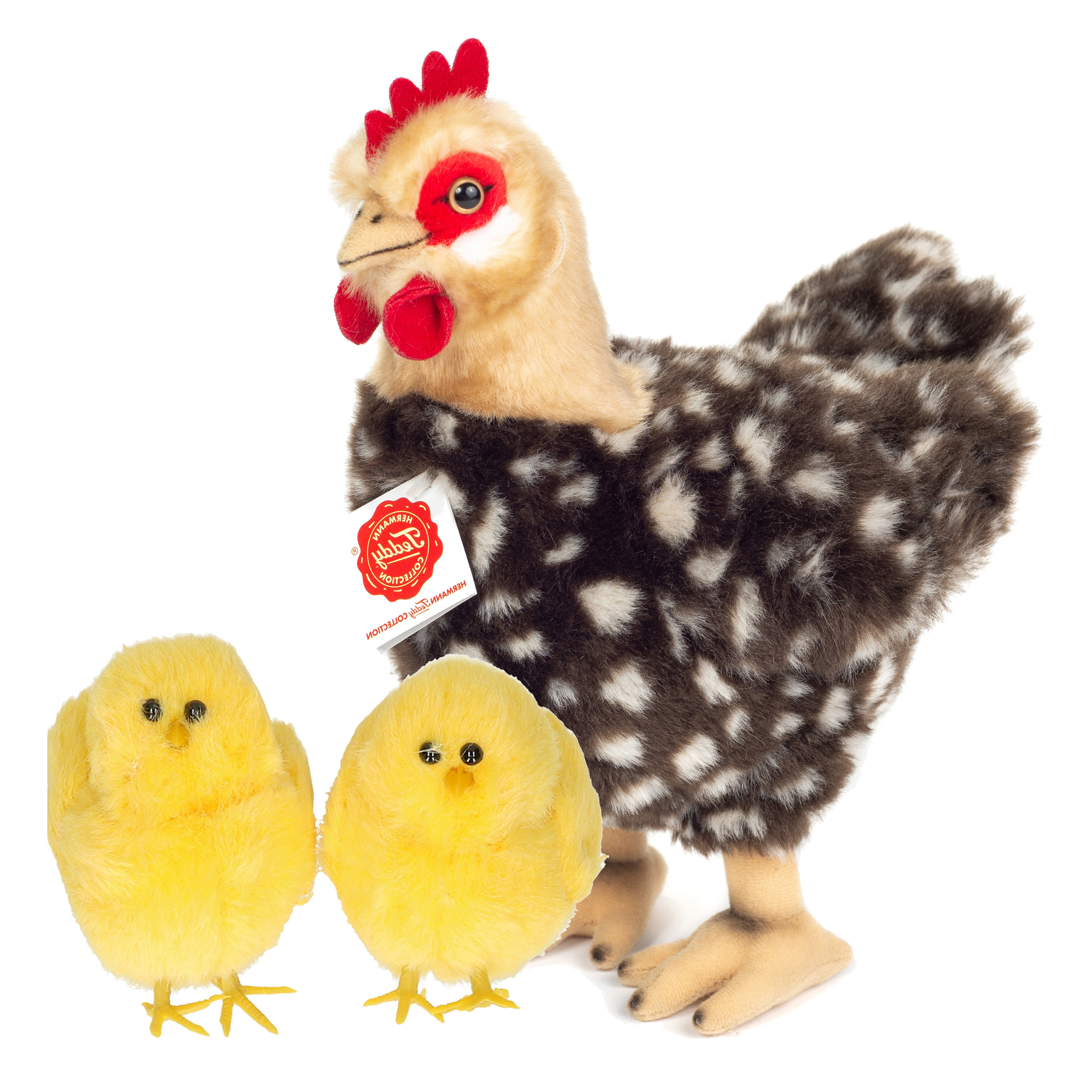 Pluche kip knuffel 24 cm multi kleuren met 2x gele kuikens 9 cm kippen familie