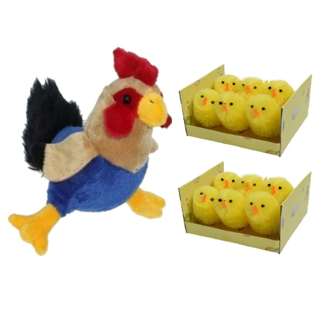 Pluche kippen-hanen knuffel van 20 cm met 12x stuks mini kuikentjes 4 cm
