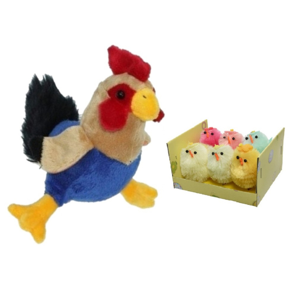 Pluche kippen-hanen knuffel van 20 cm met 6x stuks mini gekleurde kuikentjes 4 cm