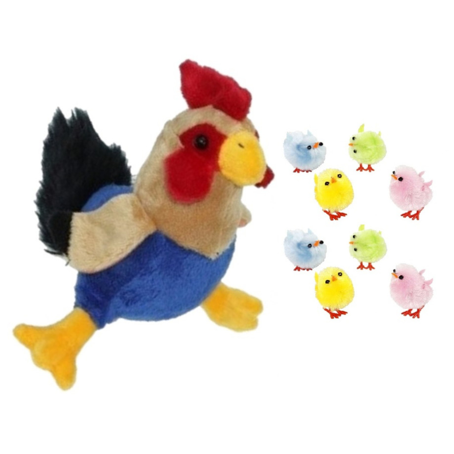 Pluche kippen-hanen knuffel van 20 cm met 8x stuks mini gekleurde kuikentjes 3 cm