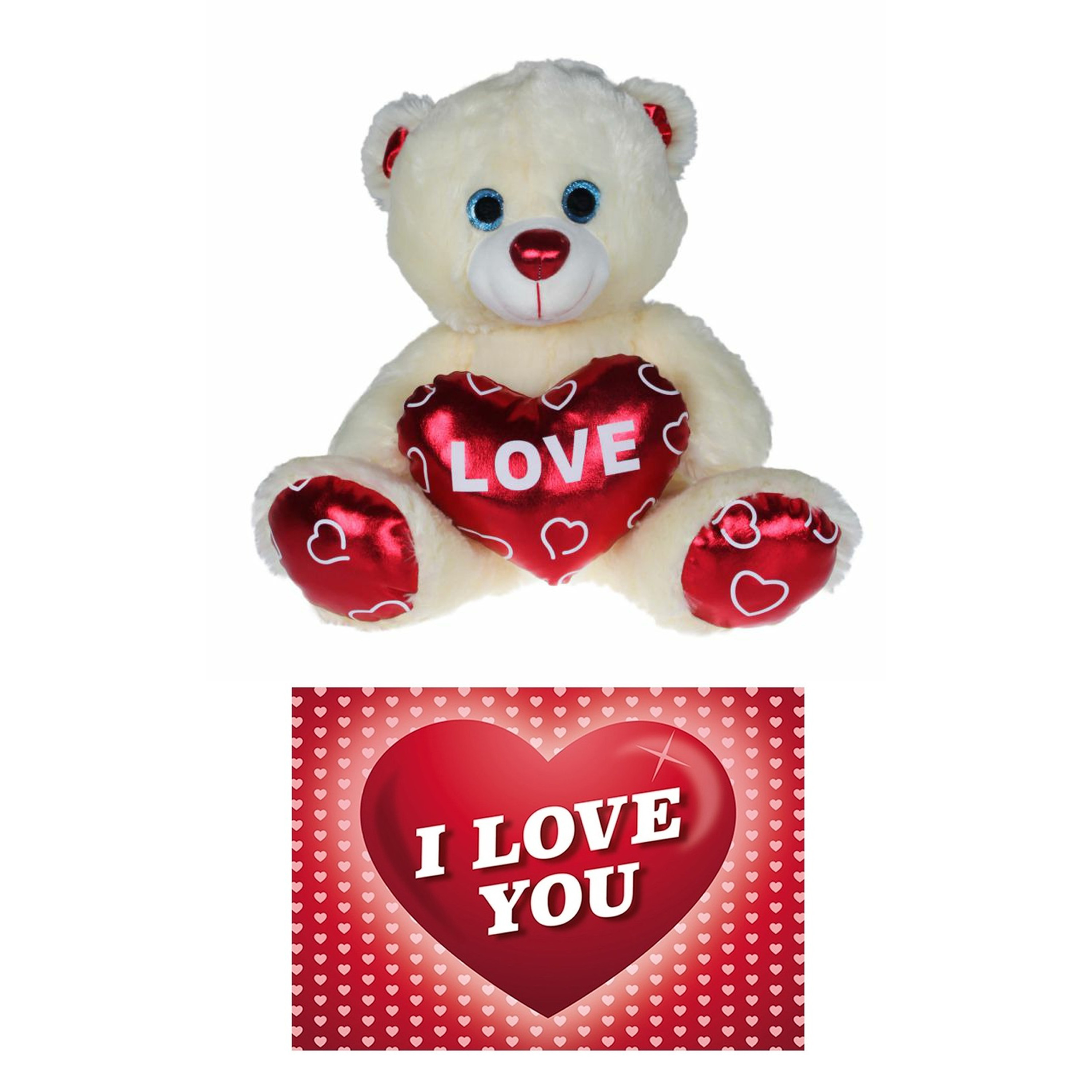 Merkloos Pluche knuffelbeer 25 cm met wit/rood Valentijn Love hartje incl. hartjes wenskaart -