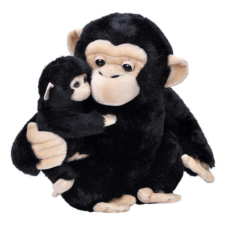 Wild Republic Pluche zwarte chimpansee aap met baby knuffel cm speelgoed -