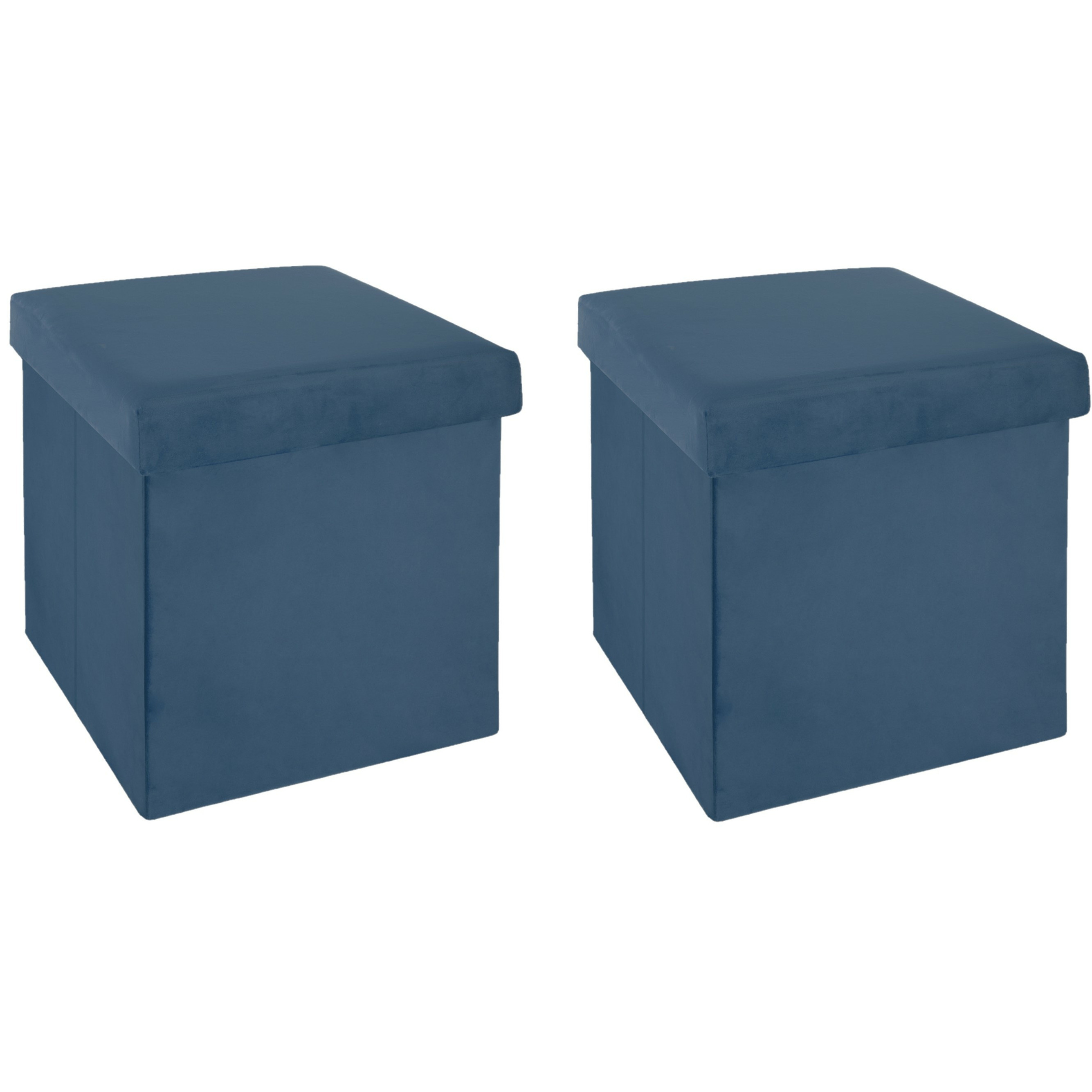 Poef-hocker 2x opbergbox blauw kunststof-mdf 38 x 38 x 38 cm opvouwbaar
