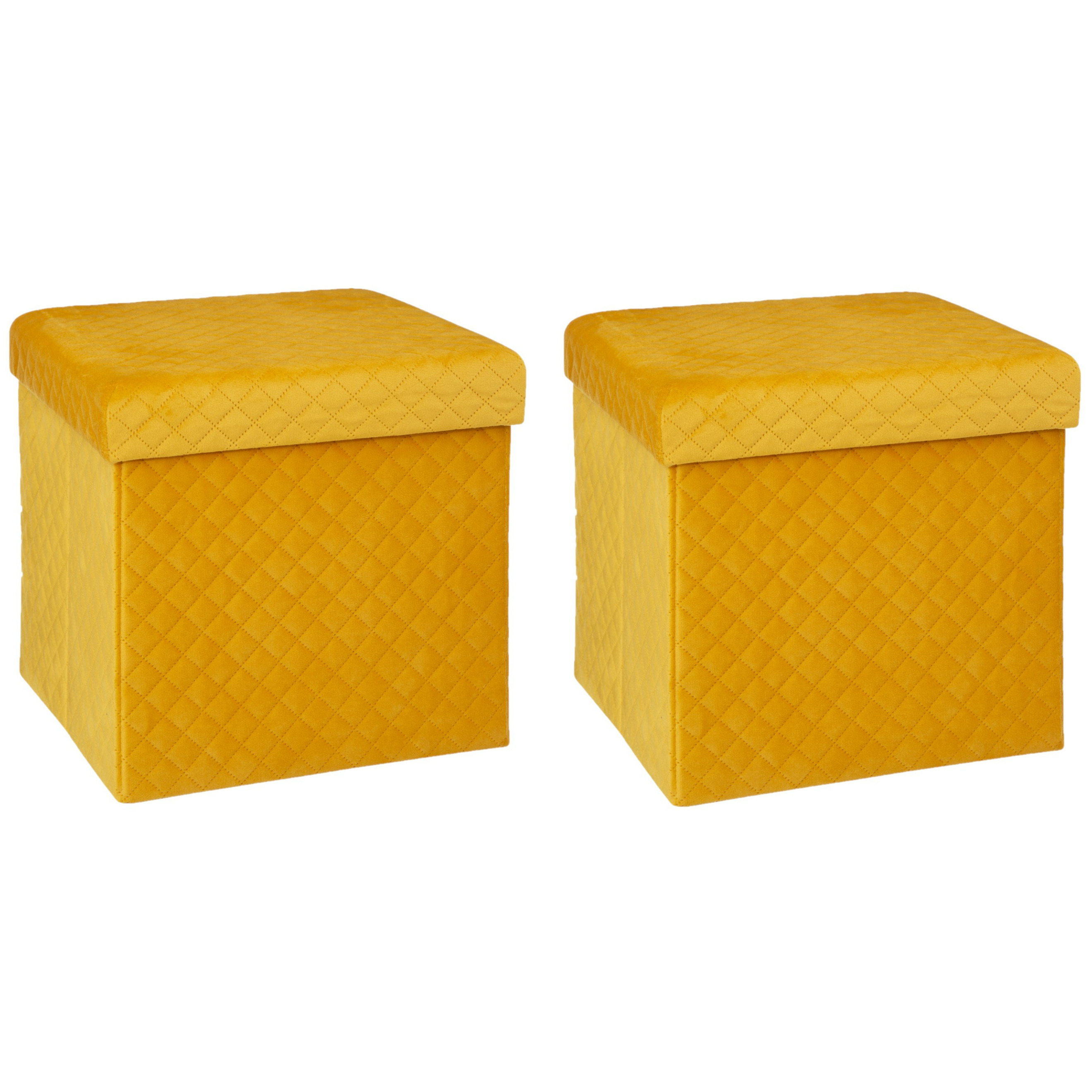 Poef-hocker 2x opbergbox fluweel geel kunststof-mdf 31 x 31 x 31 cm opvouwbaar