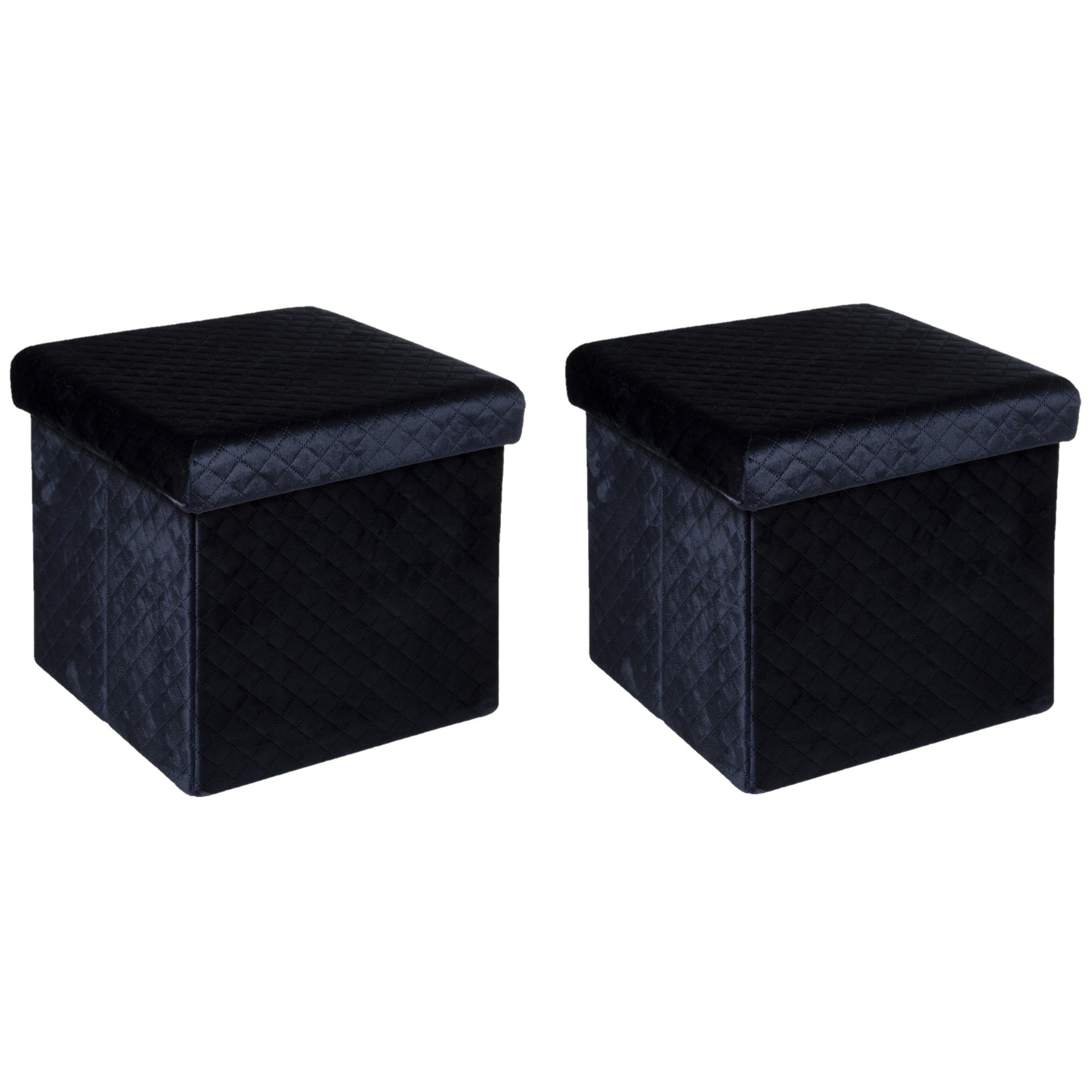 Poef-hocker 2x opbergbox fluweel zwart kunststof-mdf 31 x 31 x 31 cm opvouwbaar