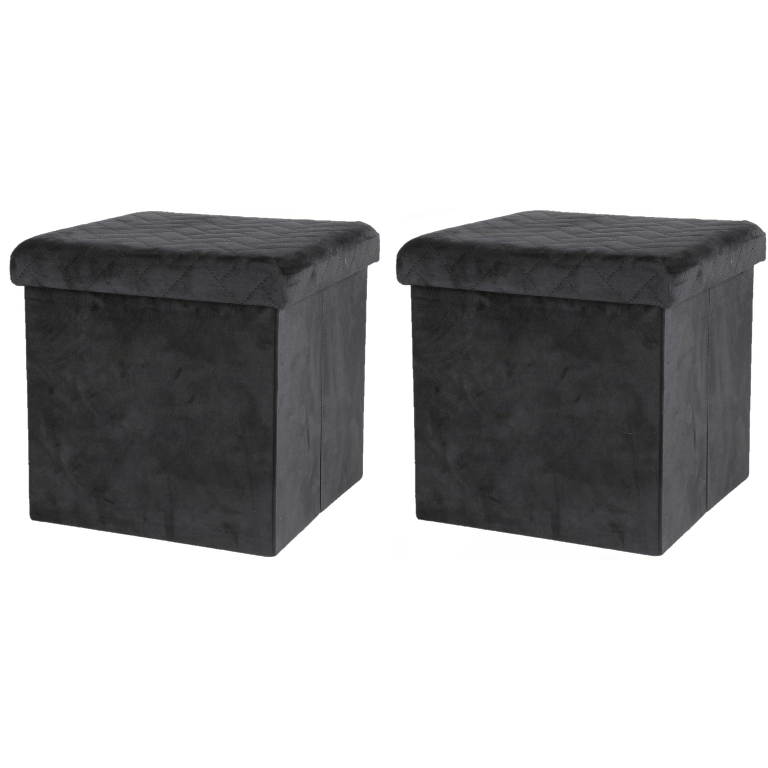 Poef-hocker 2x opbergbox zit krukje velvet zwart polyester-mdf 38 x 38 cm opvouwbaar