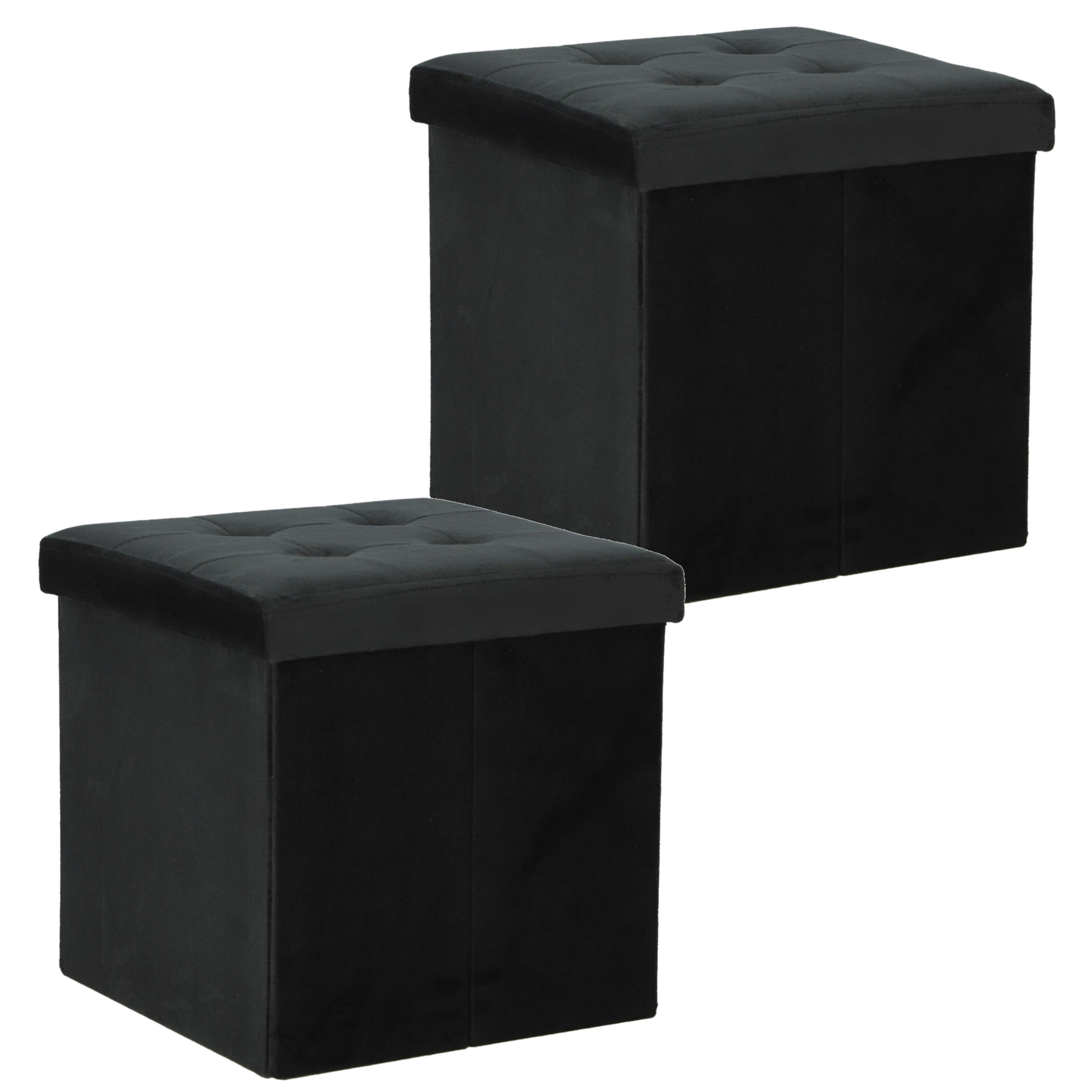 Poef-hocker-krukje 2x opbergbox zwart fluweel polyester 38 x 38 cm opvouwbaar