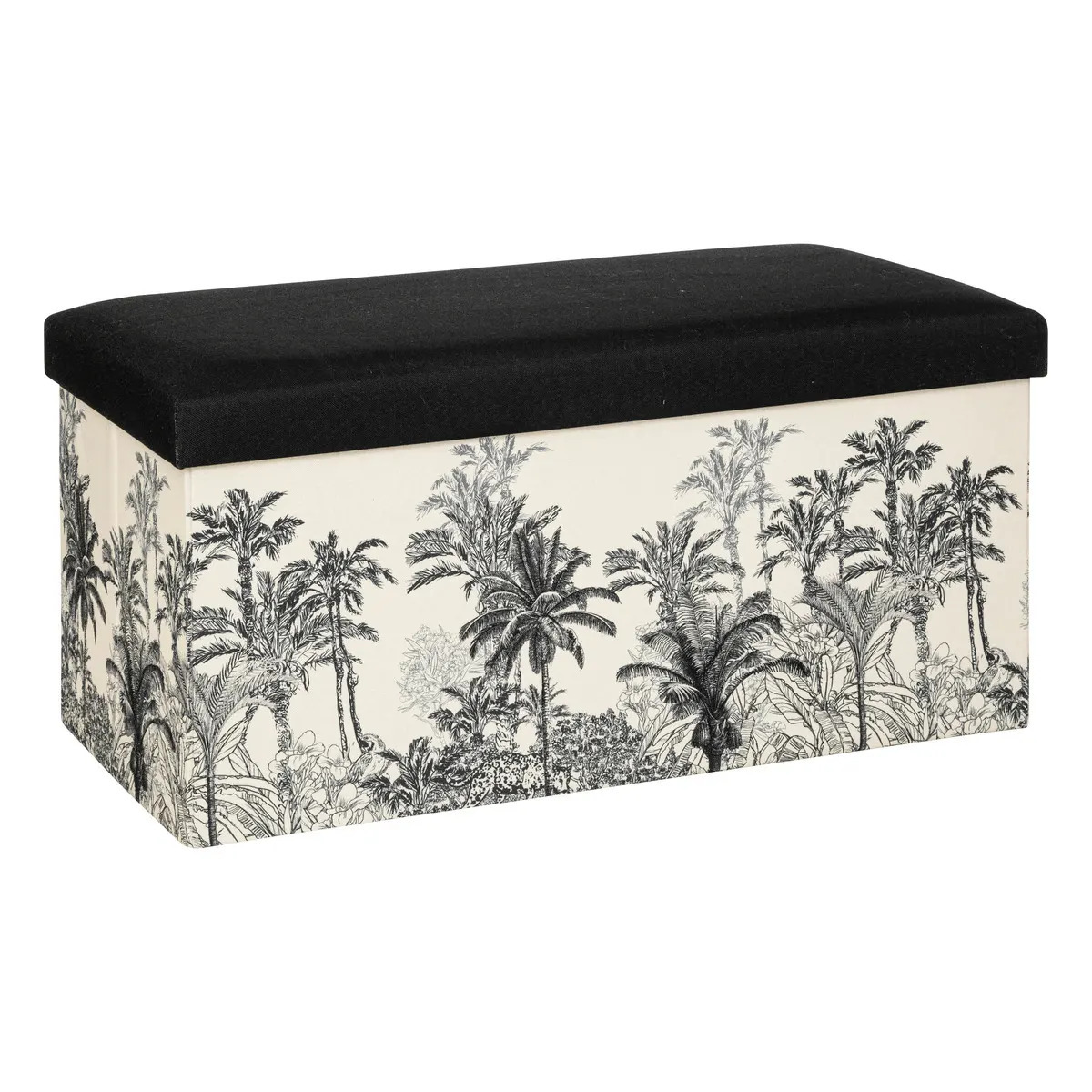 Poef-krukje-hocker Palmtrees Opvouwbare zit opslag box creme wit-zwart 76 x 39 x 39 cm