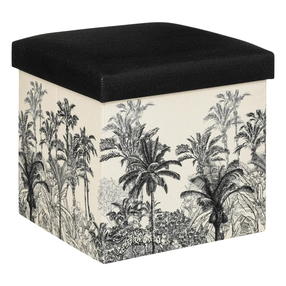 Poef-krukje-hocker Palmtrees Opvouwbare zit opslag box creme wit-zwart D39 x H39 cm