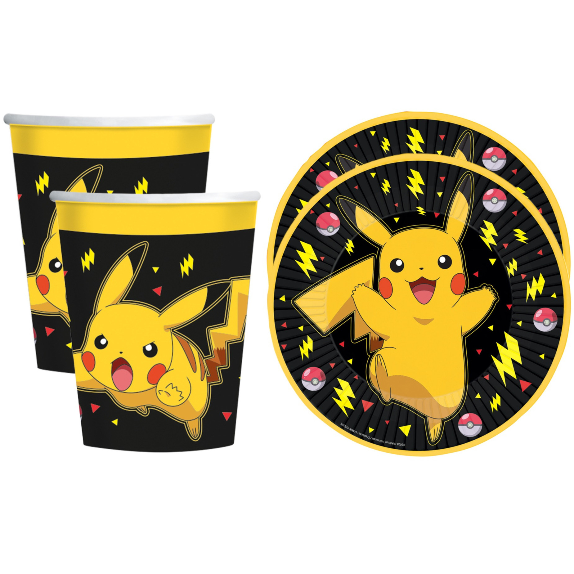 Pokemon themafeest drinkbekers en gebaksbordjes - 32x - zwart/geel - karton -