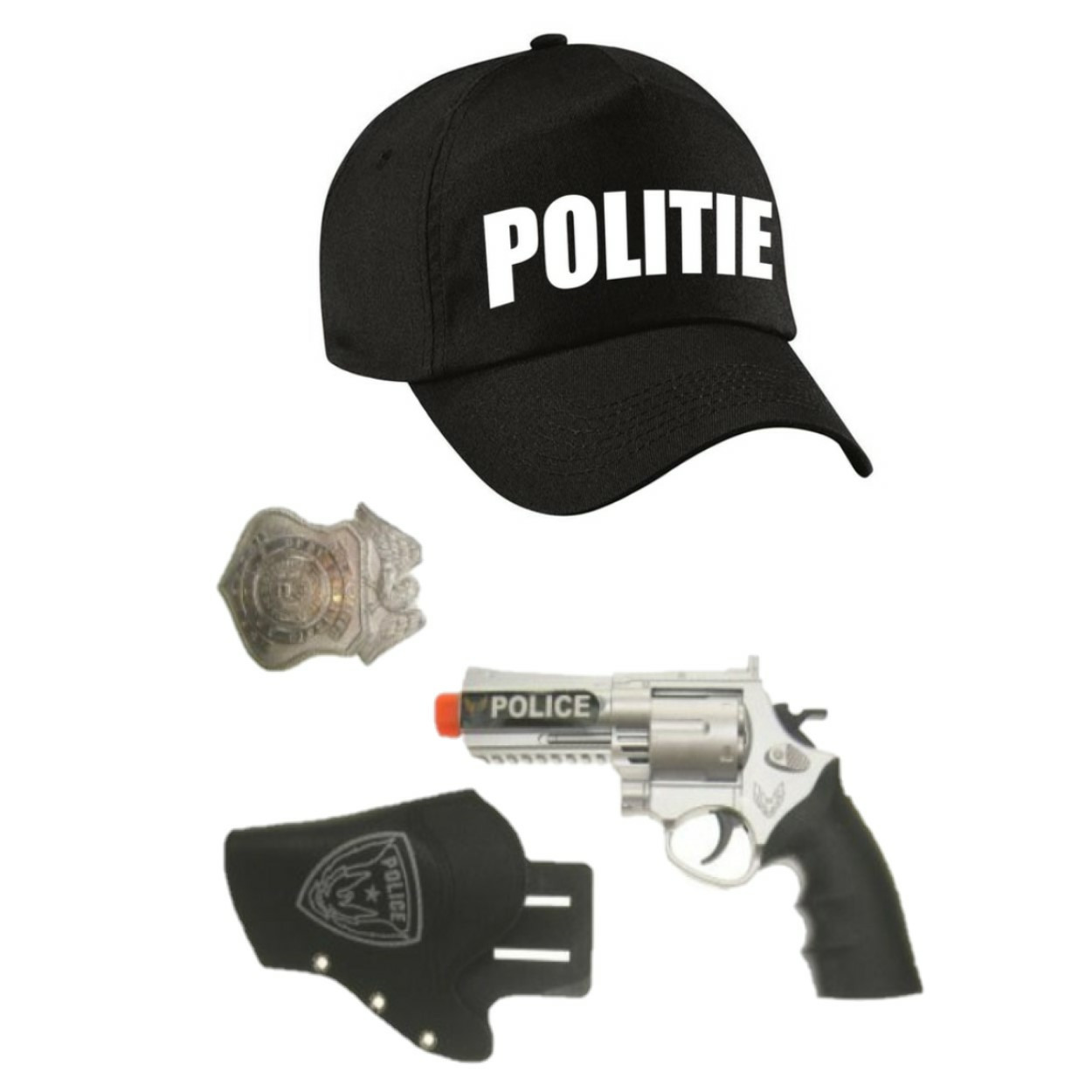 Politie verkleed cap-pet zwart met pistool-holster-badge voor kinderen