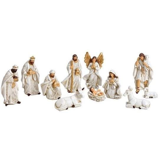 Polystone kerststal beeldjes-beelden wit 11 stuks kerstdecoraties