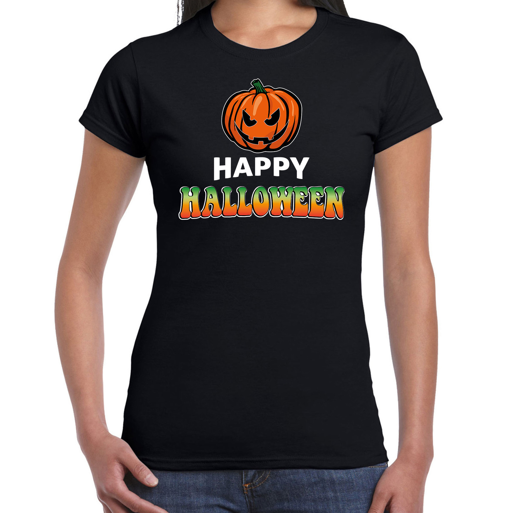 Pompoen / happy halloween verkleed t-shirt zwart voor dames
