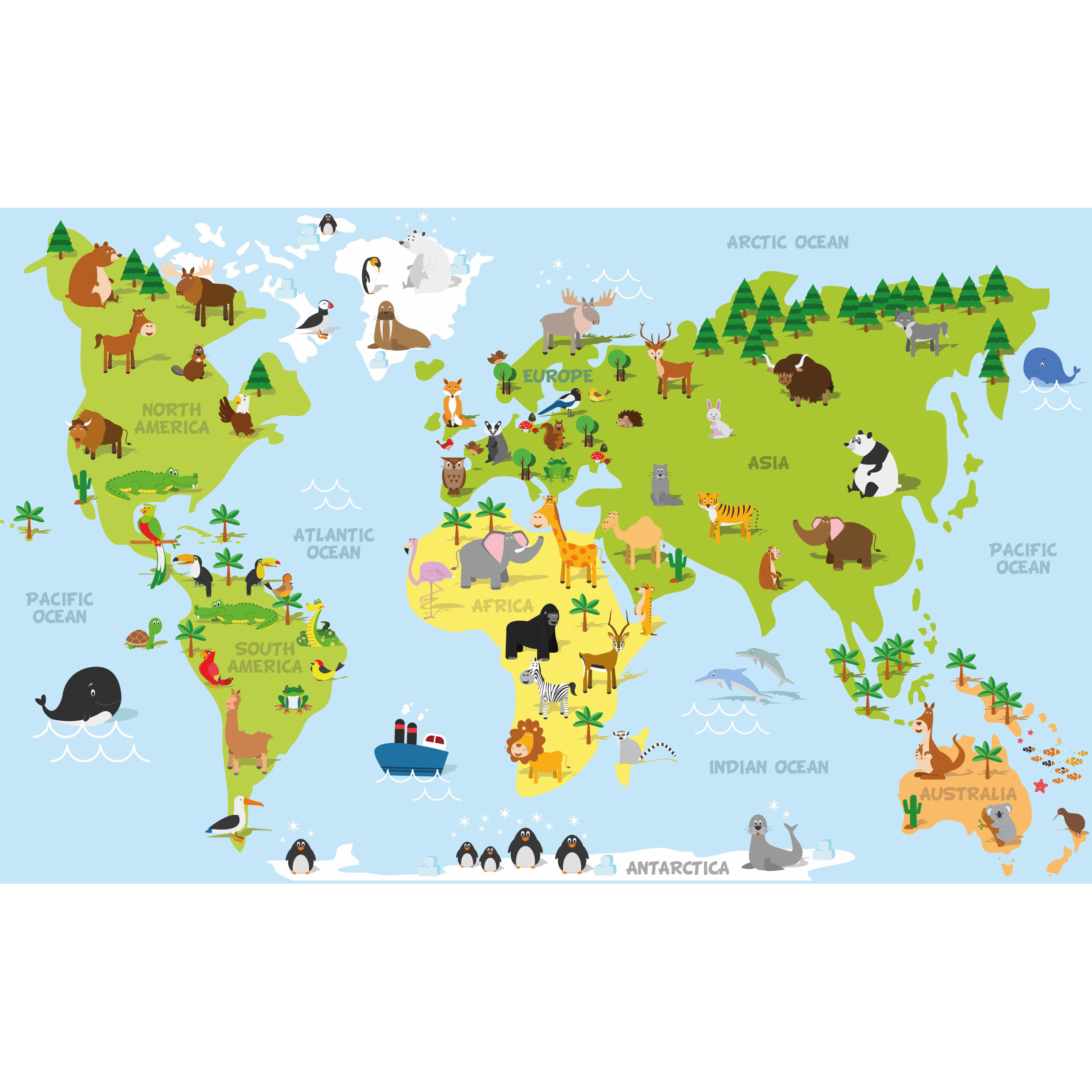 Poster wereldkaart met dieren-natuurlijke leefgebieden voor op kinderkamer-school 84 x 52 cm