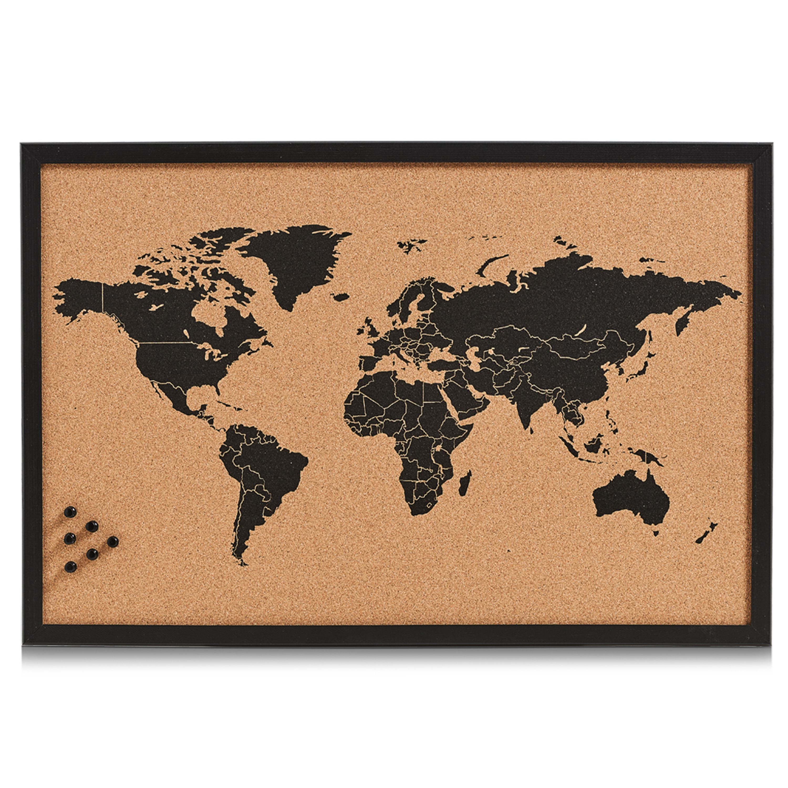 Prikbord wereldkaart zwart 60 x 40 cm kurk-hout incl. punaises