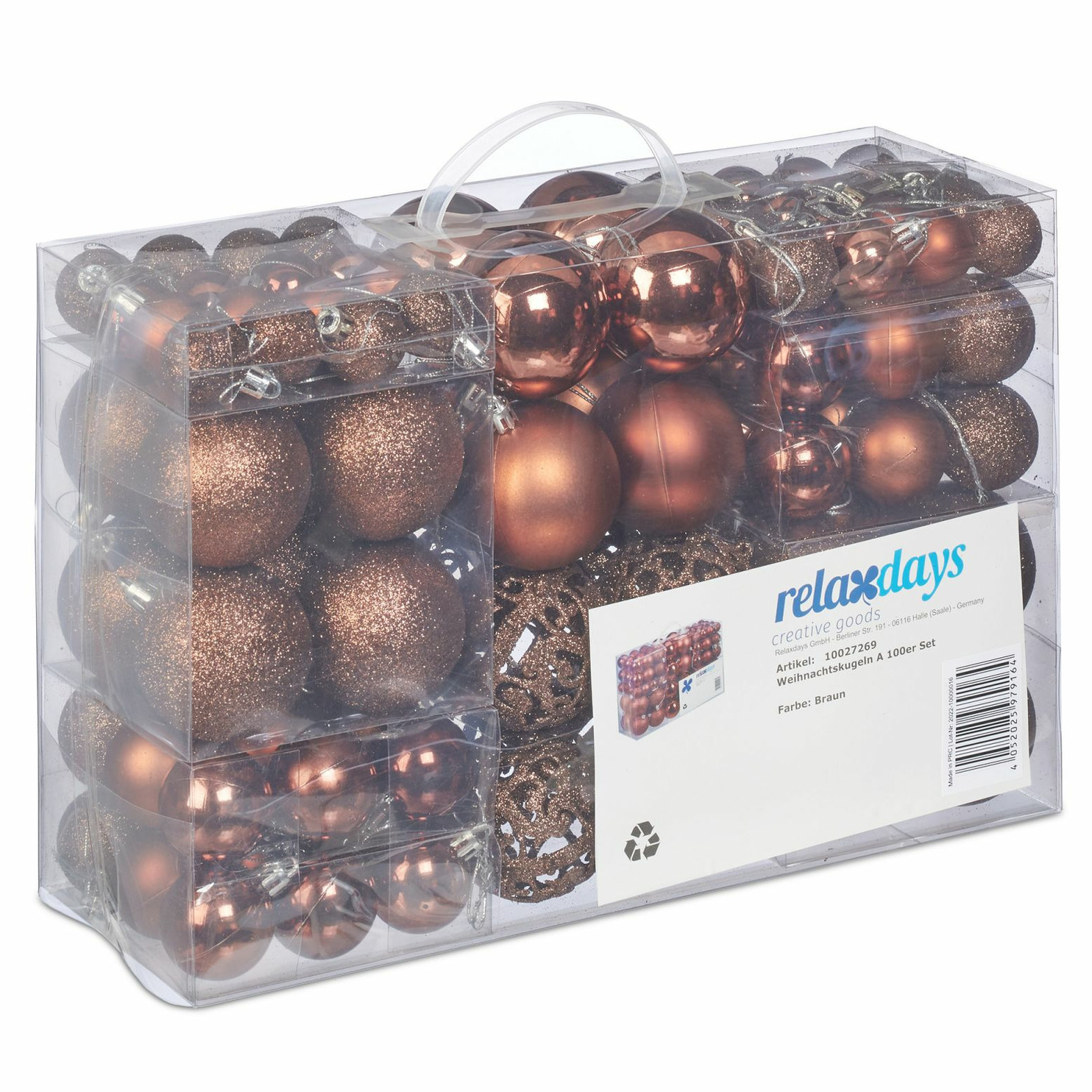 Relaxdays kerstballen - 100x st - bruin - 3, 4 en 6 cm - kunststof - mat/glans/glitter -