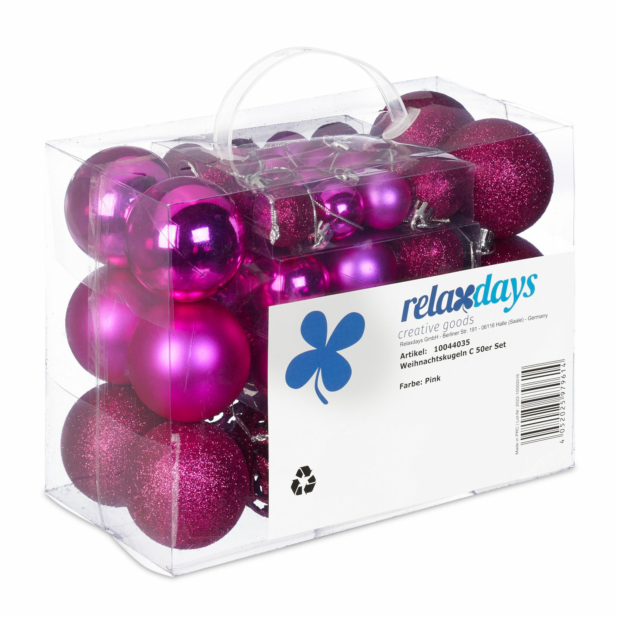 Relaxdays kerstballen - 50x st - fuchsia roze - 3, 4 en 6 cm - kunststof - mat/glans/glitter -