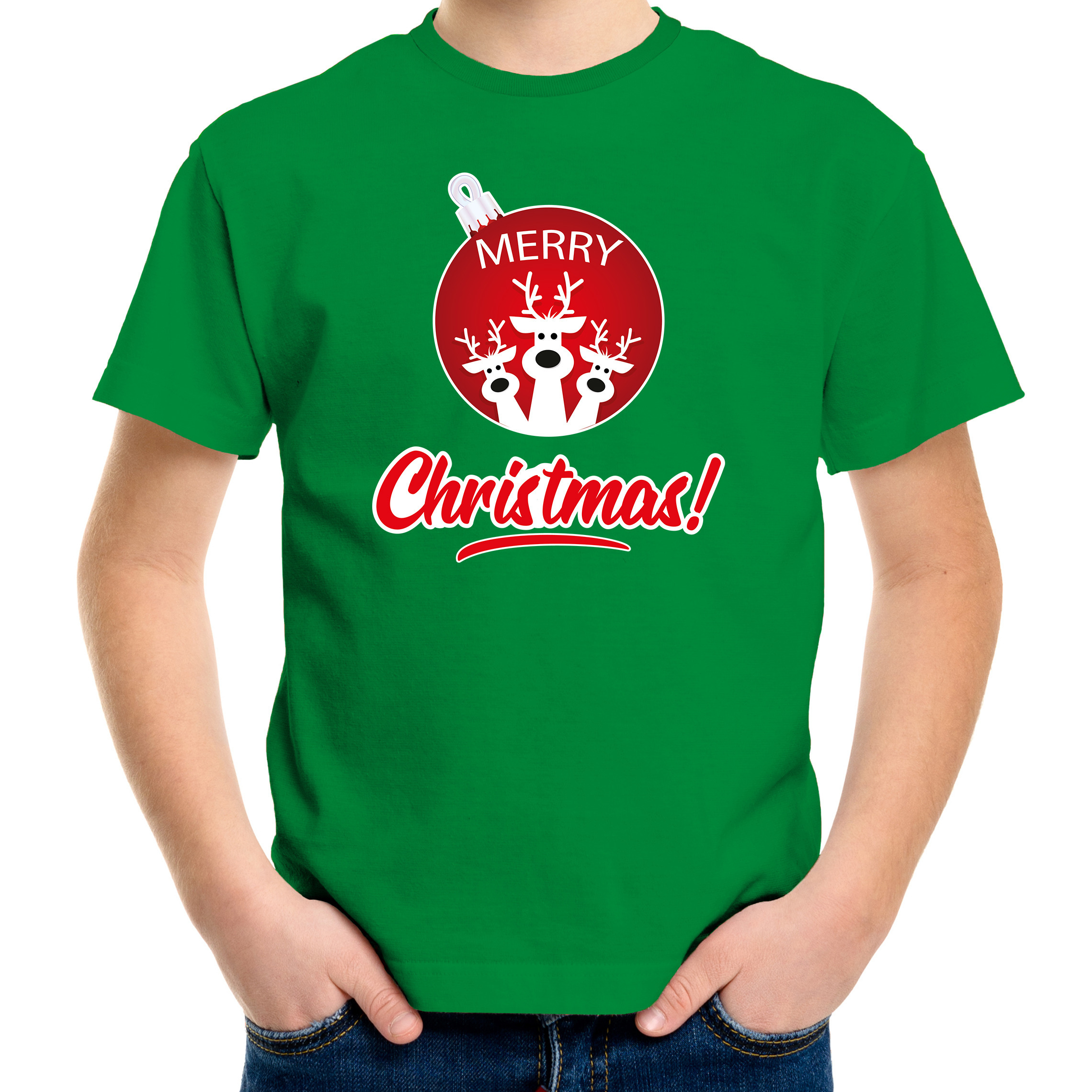 Rendier Kerstbal shirt-Kerst t-shirt Merry Christmas groen voor kinderen