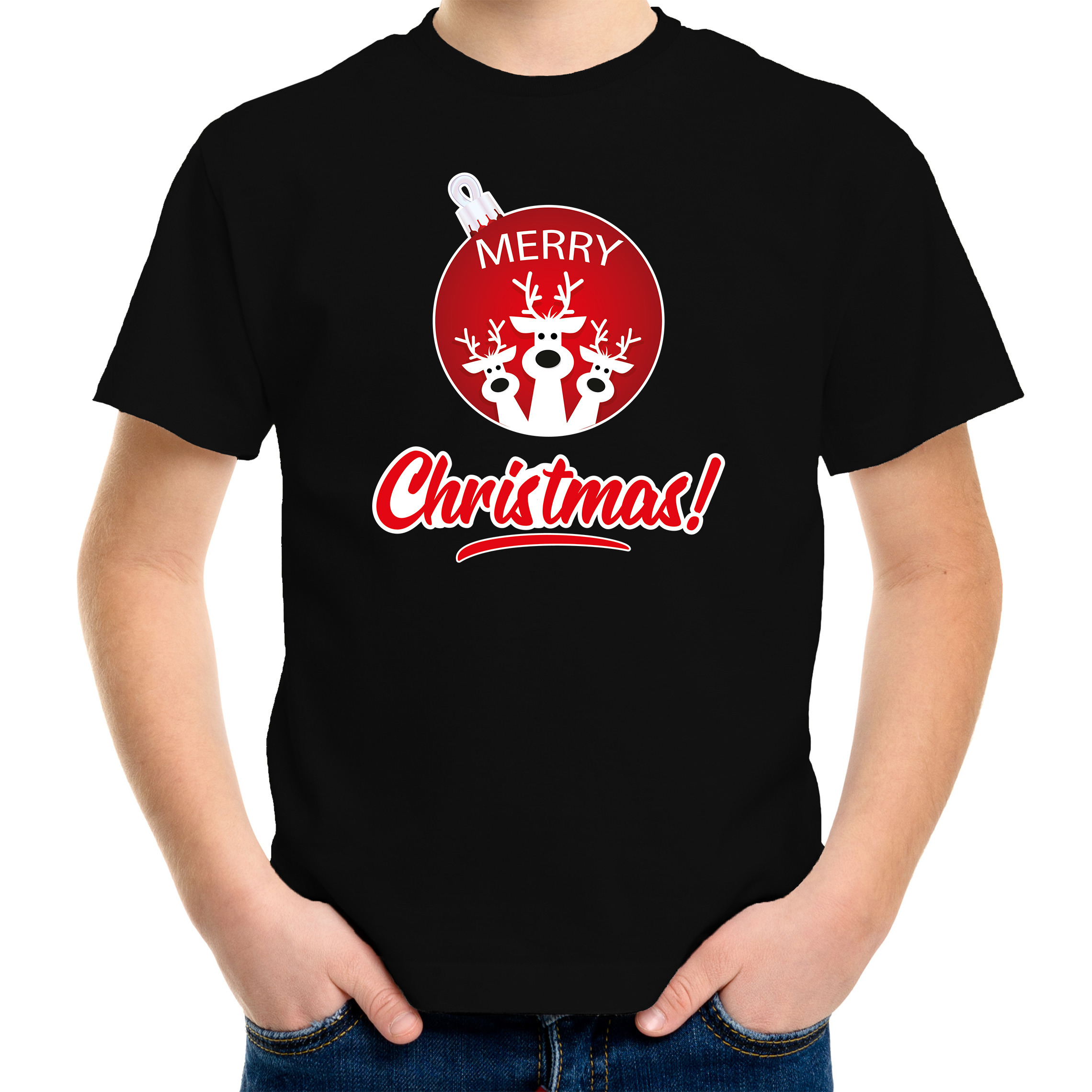 Rendier Kerstbal shirt-Kerst t-shirt Merry Christmas zwart voor kinderen