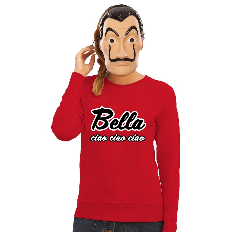 Rode Bella Ciao sweater met La Casa de Papel masker dames