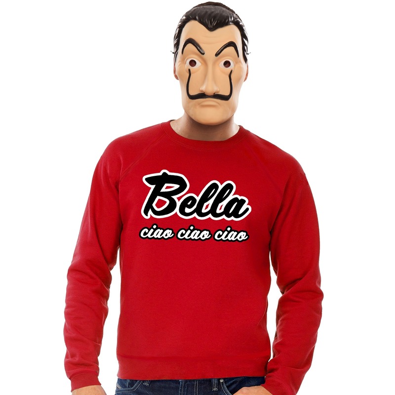 Rode Bella Ciao sweater met La Casa de Papel masker heren