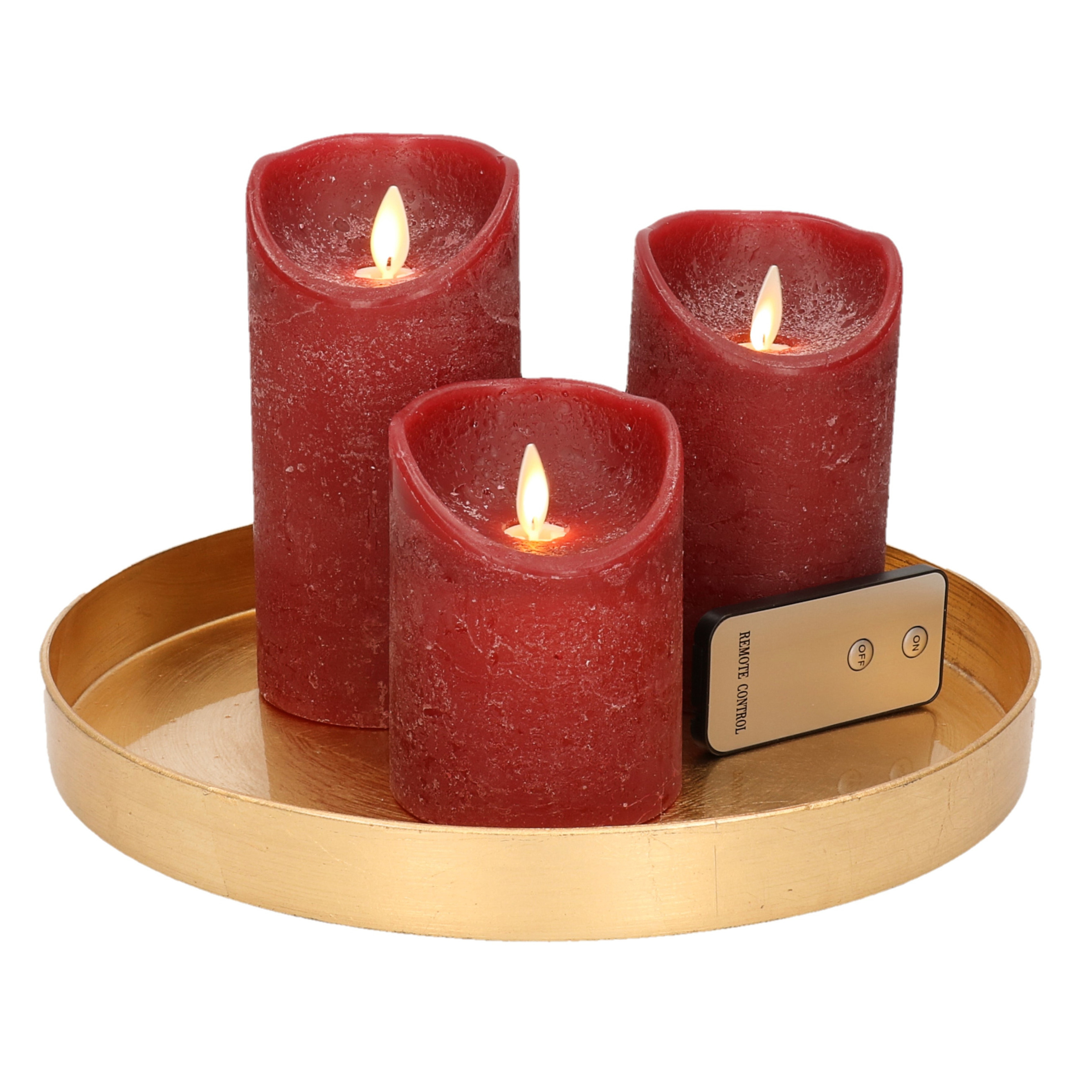 Ronde kaarsenplateau goud van kunststof D27 cm met 3 bordeaux rode LED-kaarsen 10-12,5-15 cm
