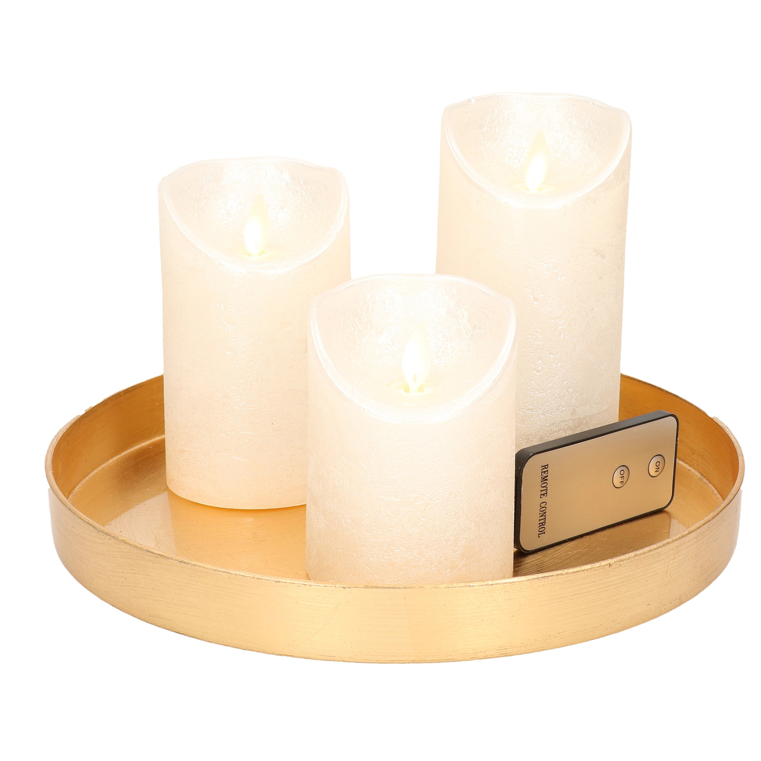 Ronde kaarsenplateau goud van kunststof D27 cm met 3 parel witte LED-kaarsen 10-12,5-15 cm