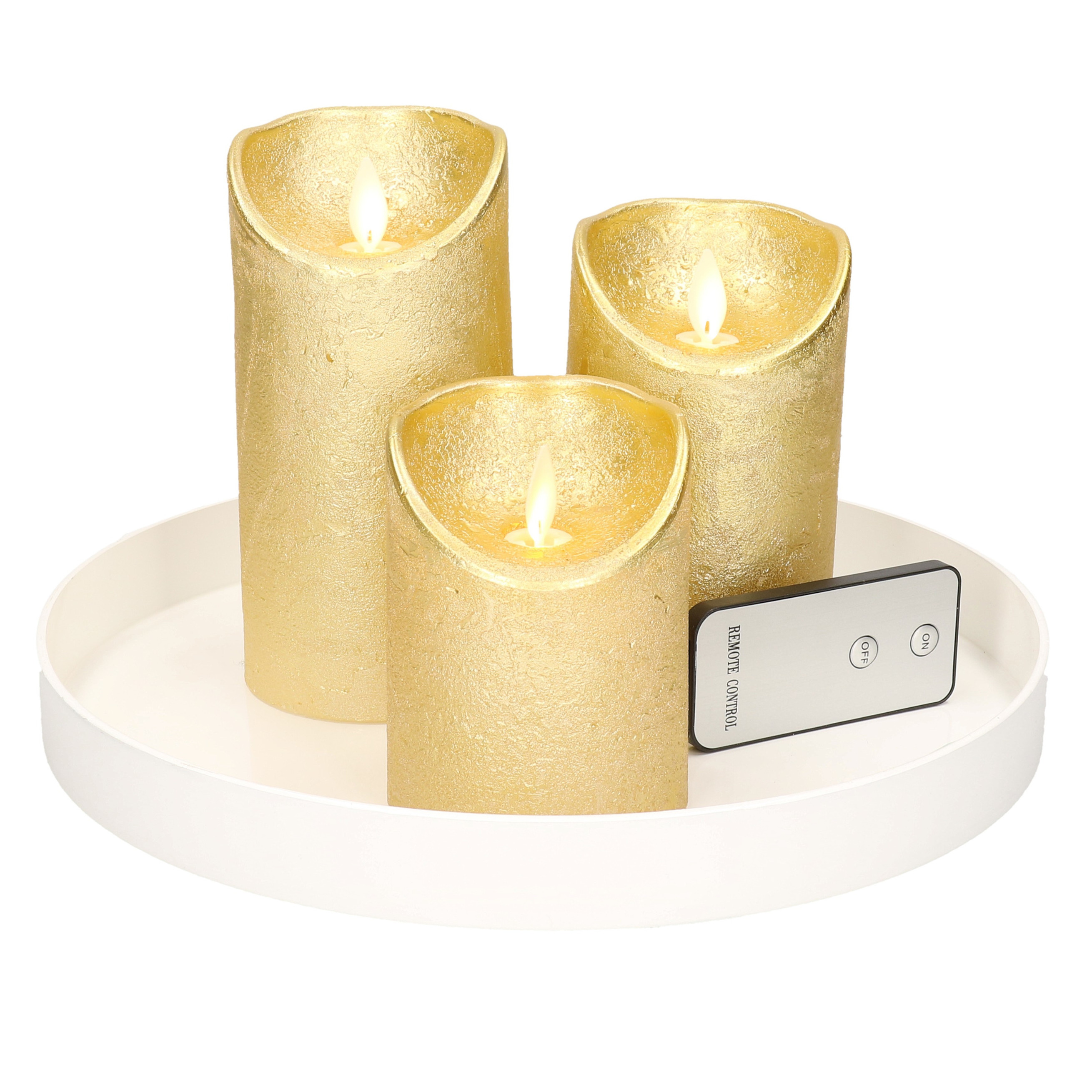 Ronde kaarsenplateau wit van kunststof D27 cm met 3 gouden LED-kaarsen 10/12,5/15 cm - Tafeldecoratie