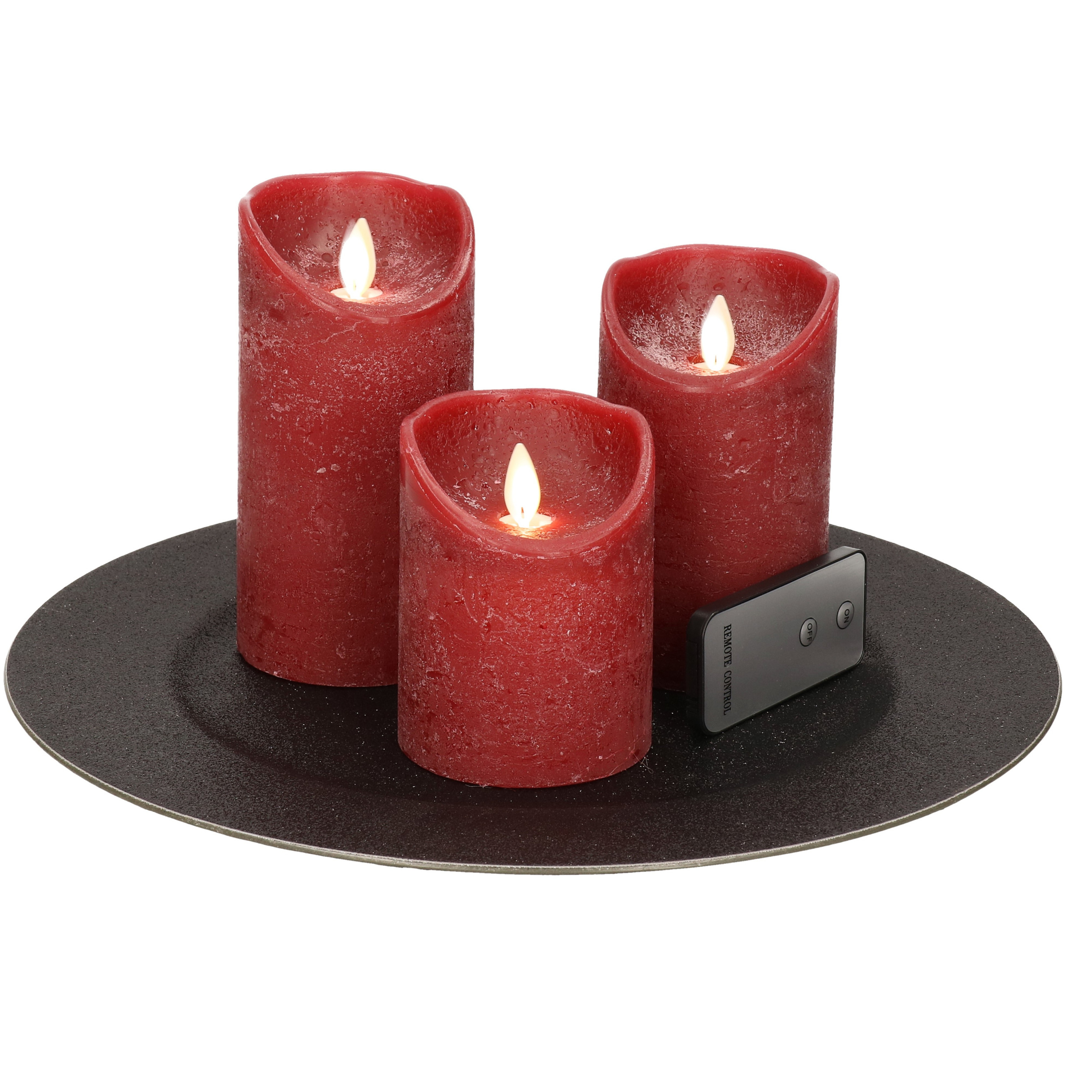 Ronde kaarsenplateau zwart van kunststof D33 cm met 3 bordeaux rode LED-kaarsen 10-12,5-15 cm