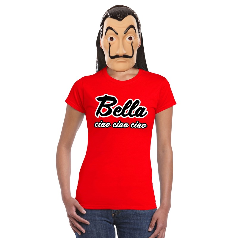 Rood Bella Ciao t-shirt met La Casa de Papel masker dames