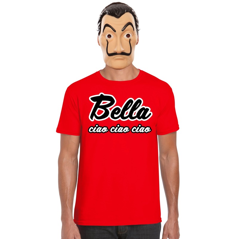 Rood Bella Ciao t-shirt met La Casa de Papel masker heren