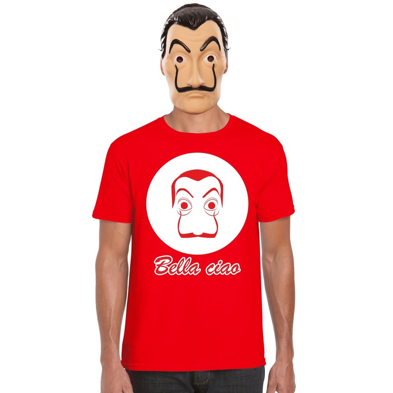 Rood Dali t-shirt met La Casa de Papel masker heren