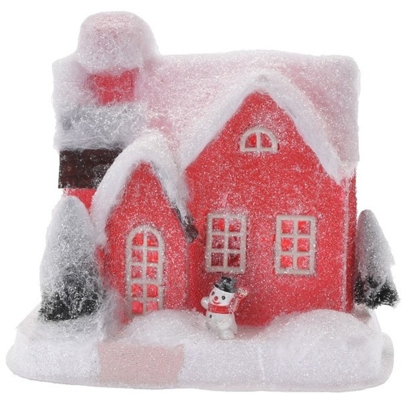 Rood kerstdorp huisje 18 cm type 2 met LED verlichting