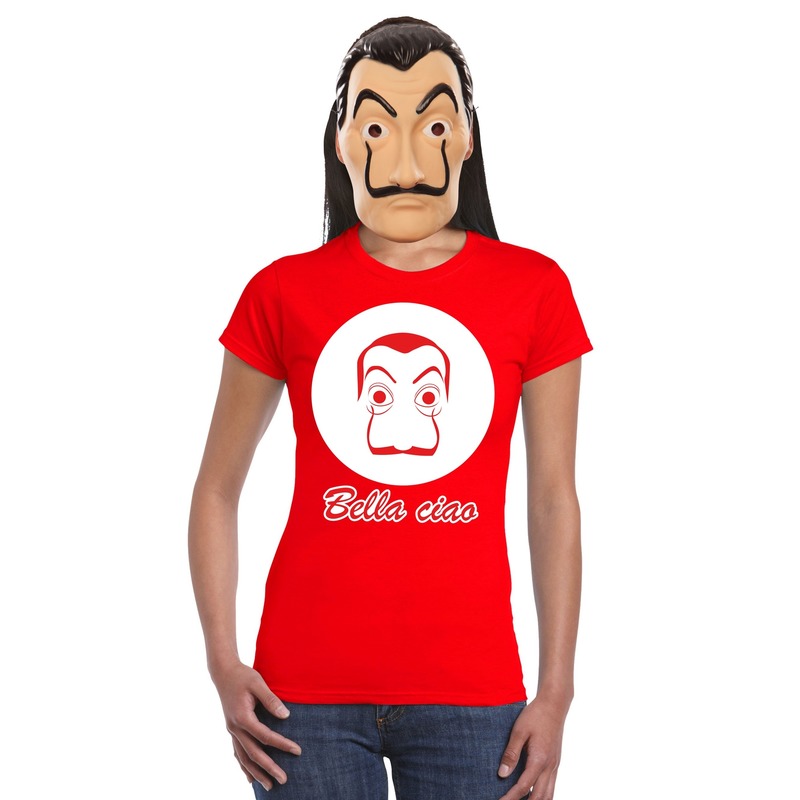 Rood Salvador Dali t-shirt met La Casa de Papel masker dames
