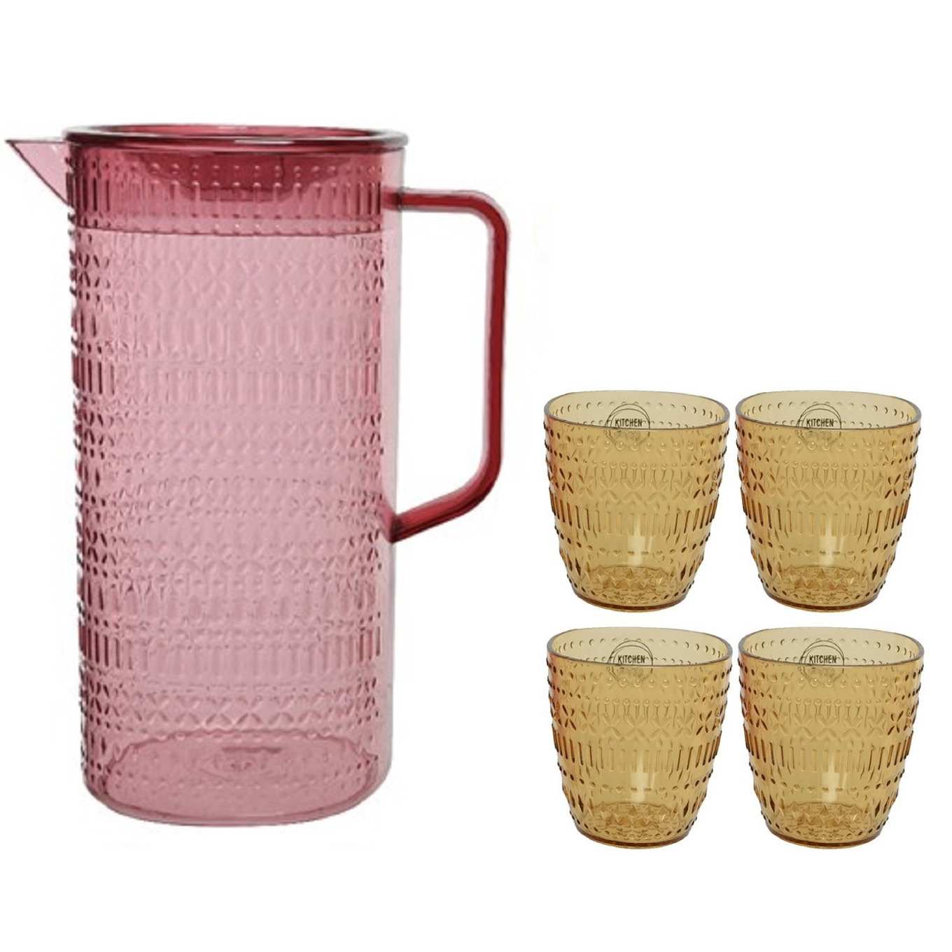 Roze schenkkan-waterkan-sapkan-limonadekan set met 4 gele glazen