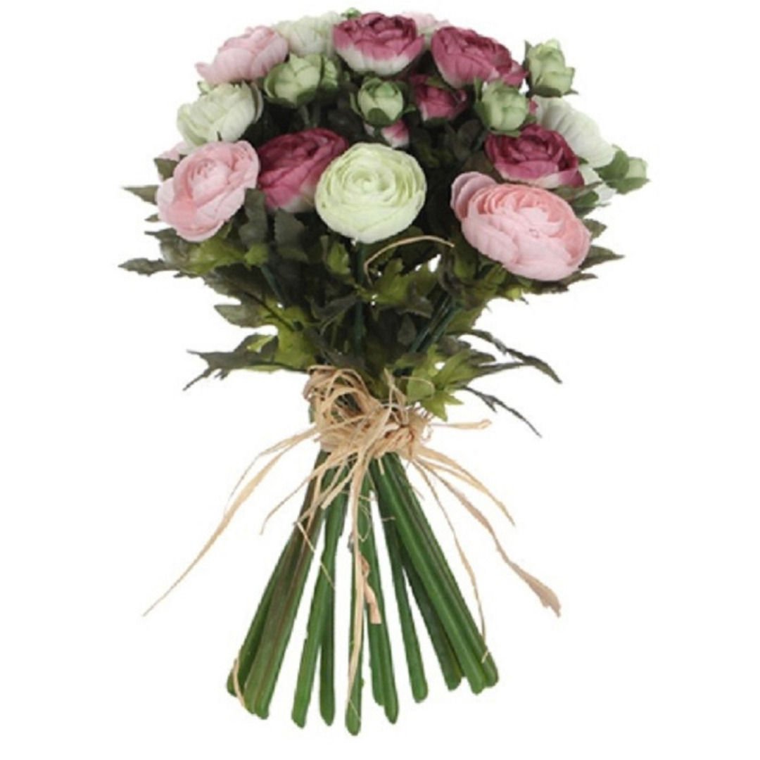 Roze/wit Ranunculus/ranonkel kunstbloemen boeket 35 cm -