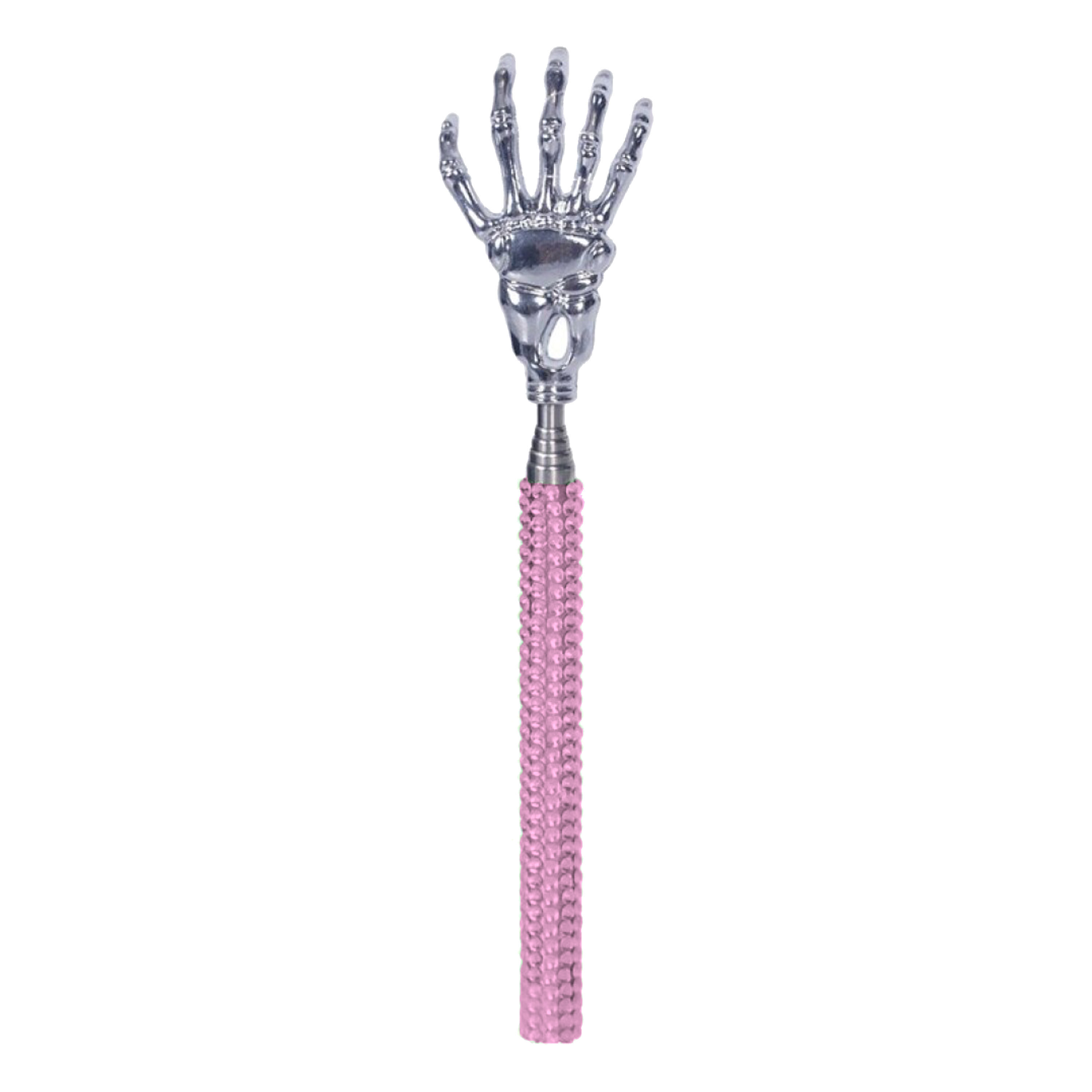 Rugkrabber uitschuifbaar roze skelet handje diamanten massage krabber