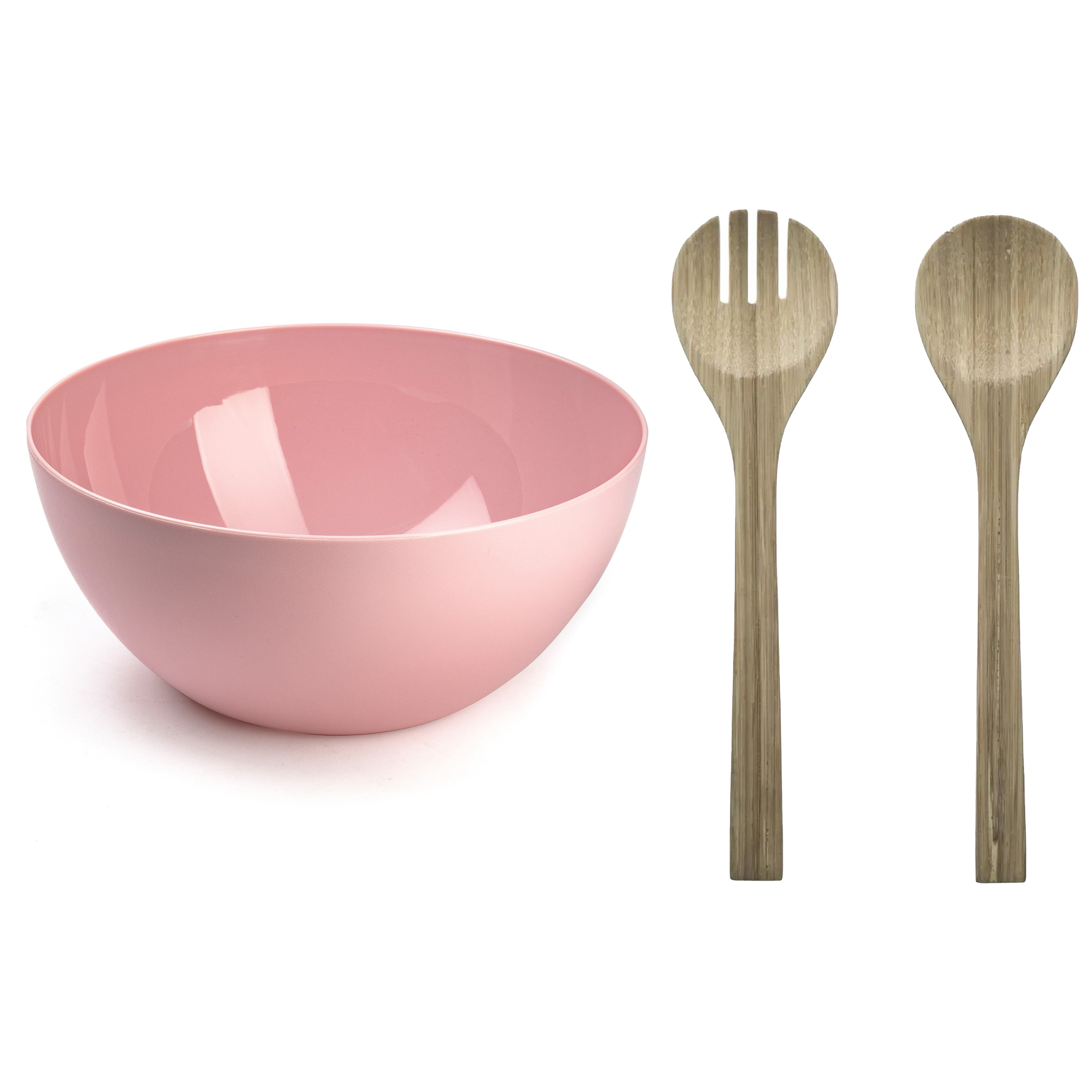 Salade serveer schaal roze kunststof Dia 28 cm incl. bamboe Sla couvert-bestek