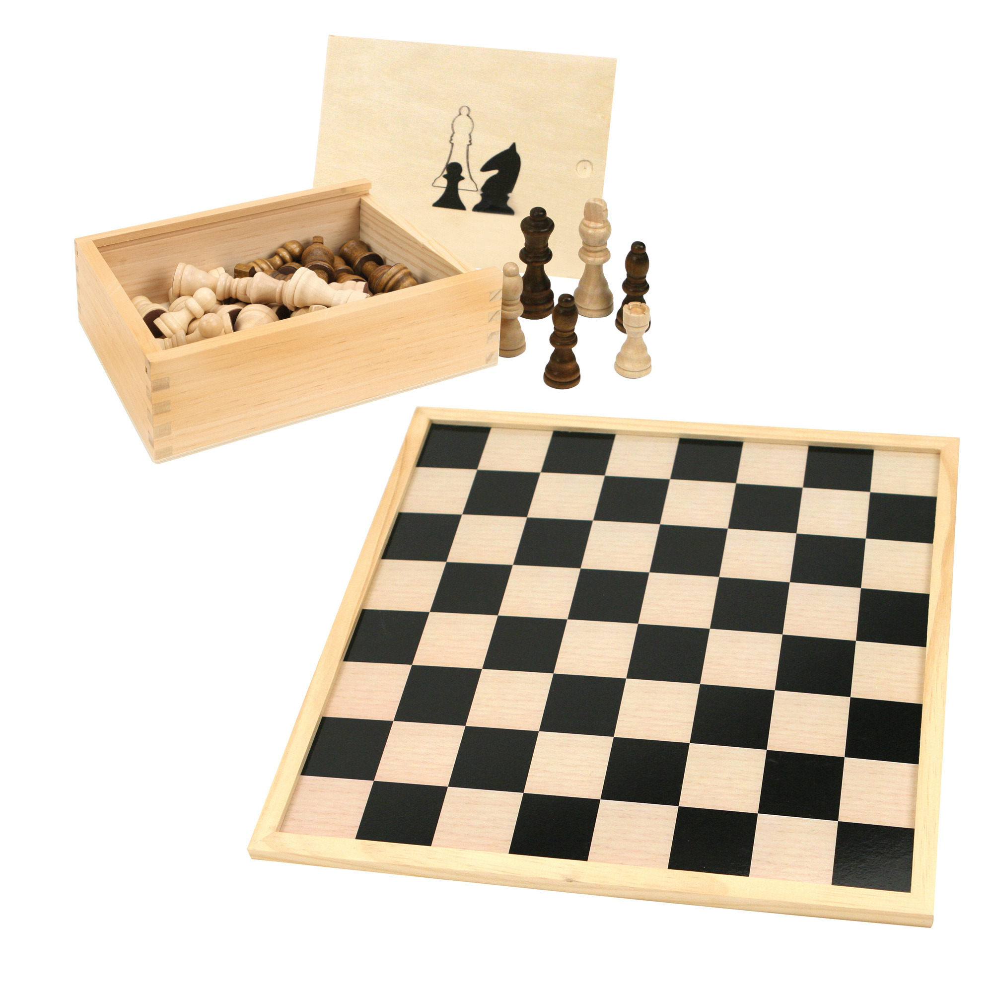 Schaakbord-dambord van hout 40 x 40 cm met schaakstukken in opbergkistje