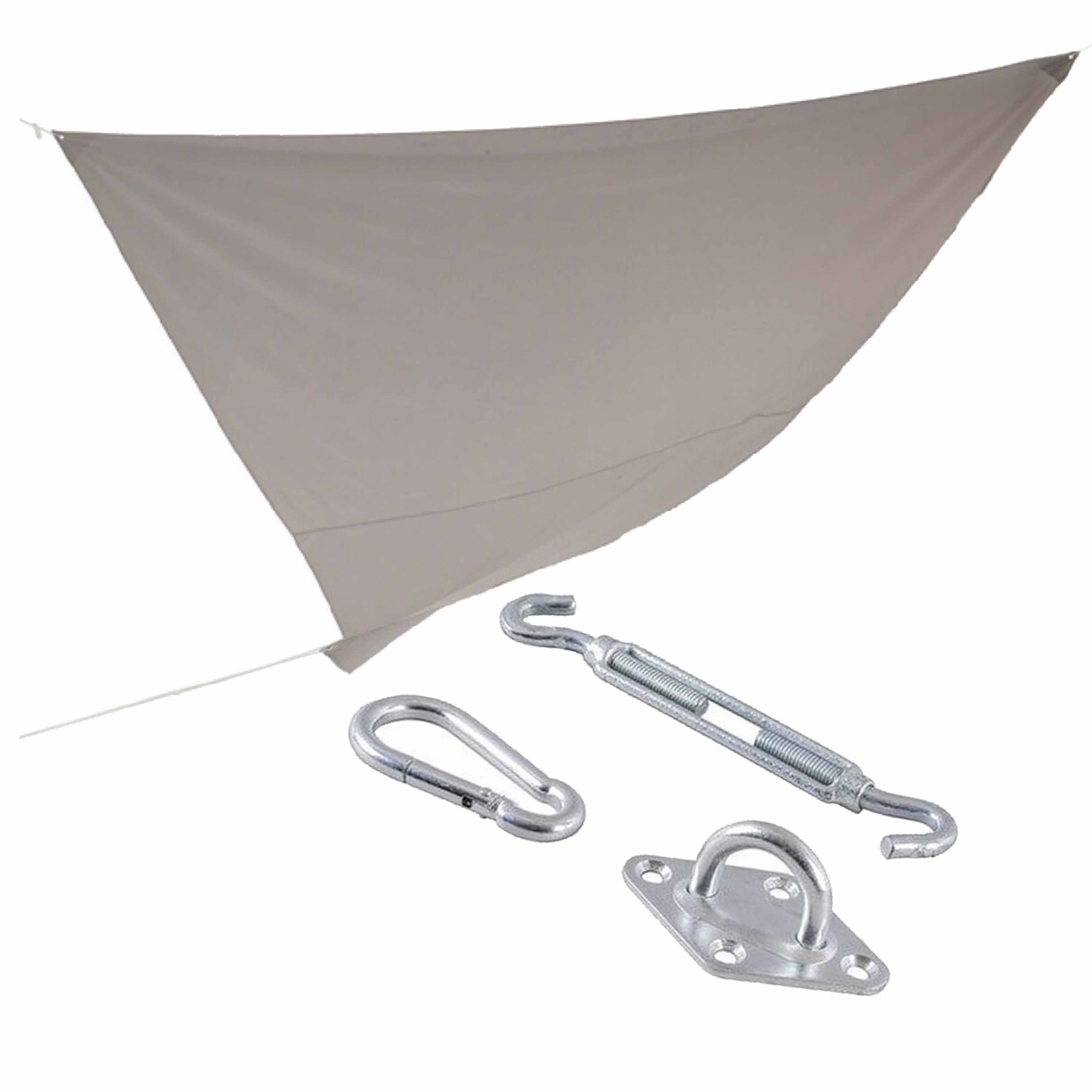 Schaduwdoek-zonnescherm driehoek grijs 3,6 x 3,6 x 3,6 meter met ophanghaken