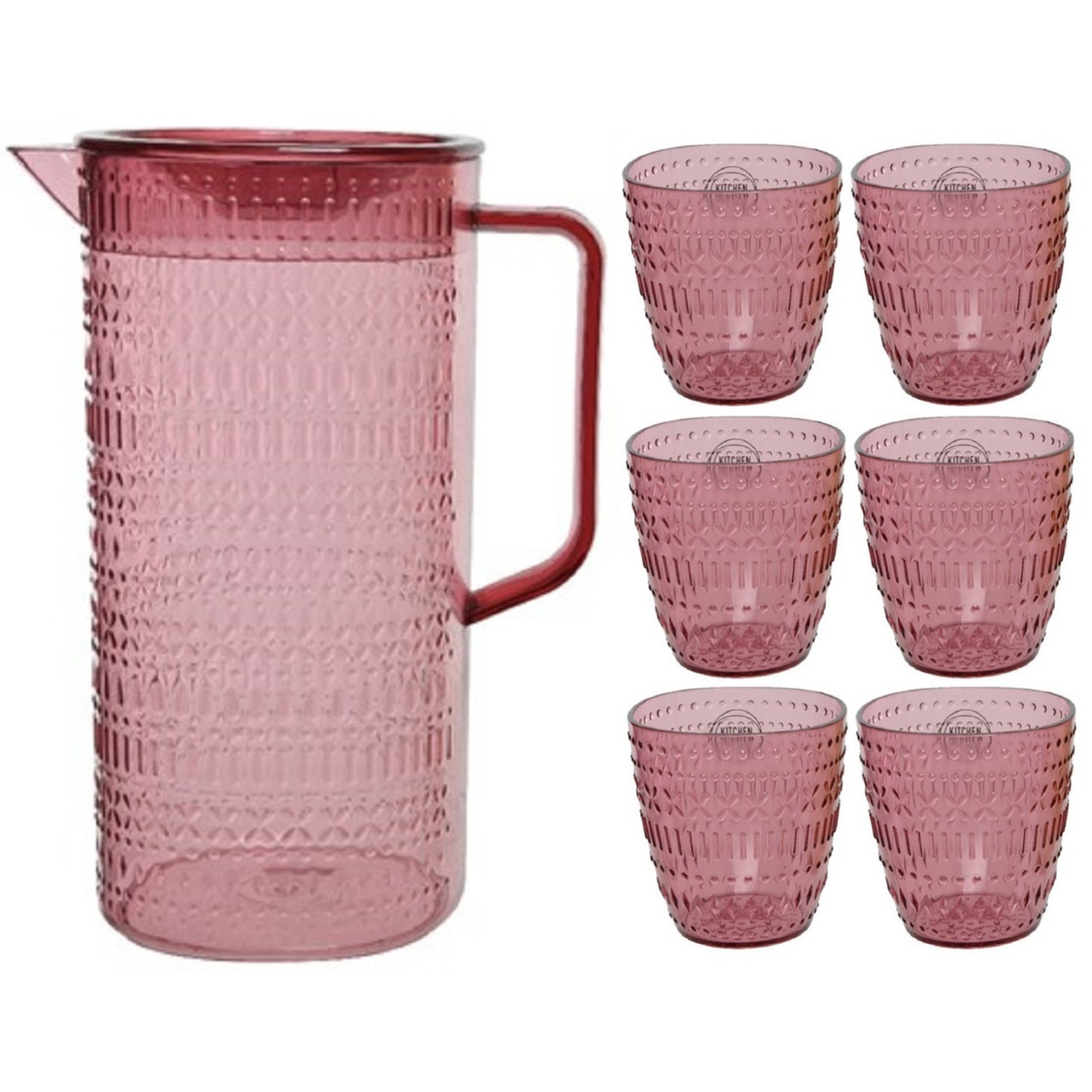 Schenkkan-waterkan-sapkan-limonadekan set met 6 glazen roze