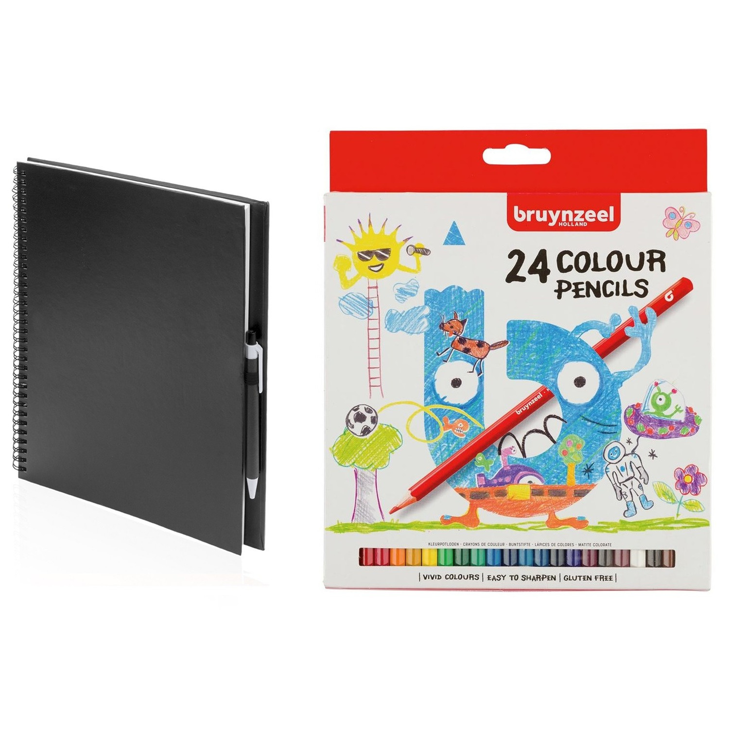 Schetsboek-tekenboek zwart met 24 kleurpotloden