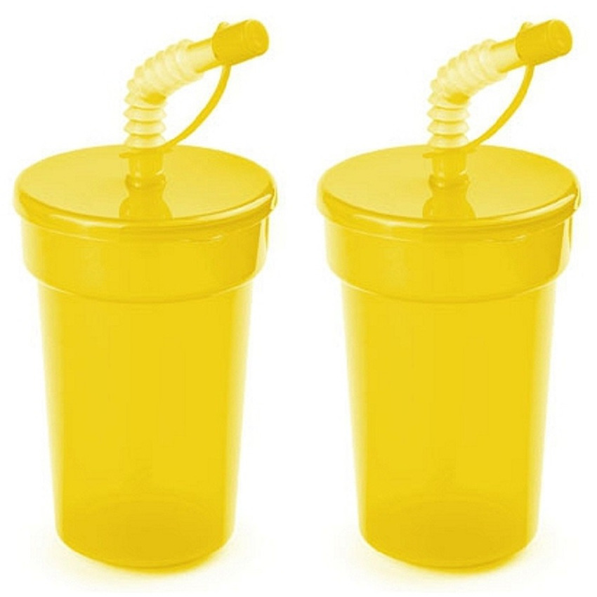 Set van 12x stuks afsluitbare plastic drinkbeker geel 400 ml met rietje voor kinderen-peuters