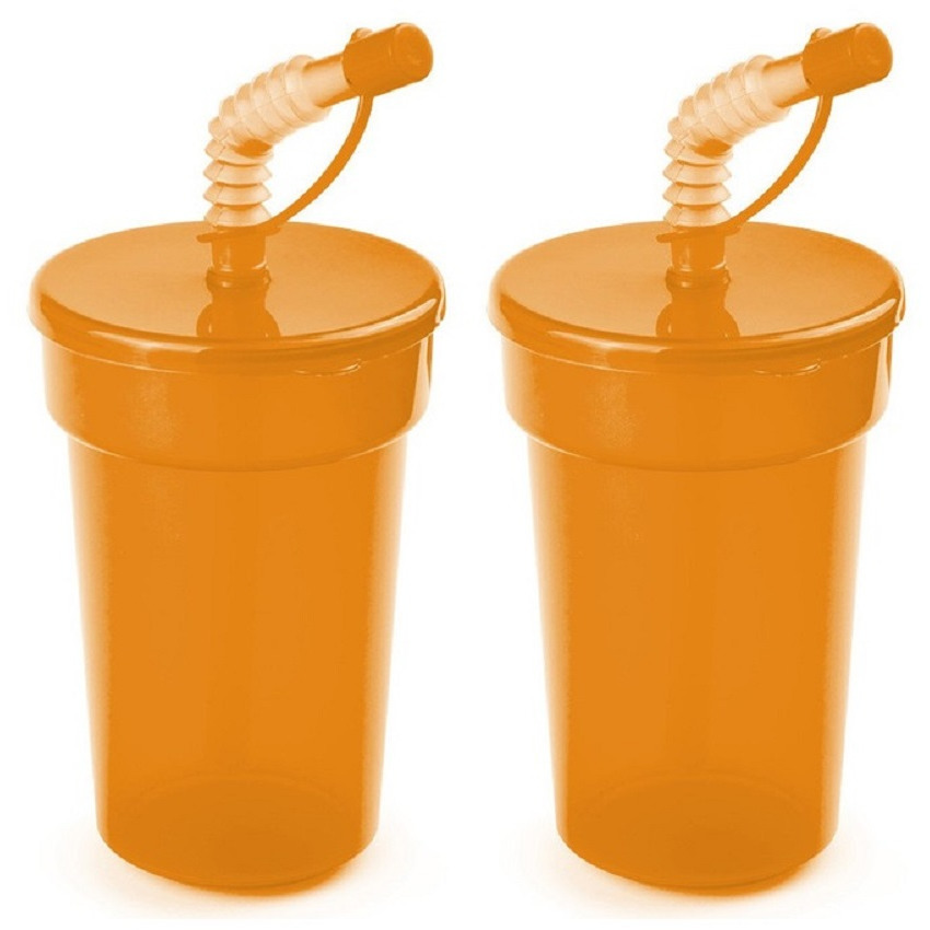 Set van 12x stuks afsluitbare plastic drinkbeker oranje 400 ml met rietje voor kinderen-peuters