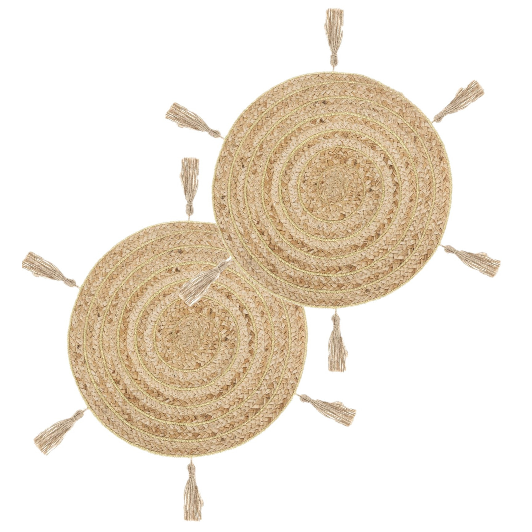Set van 12x stuks ronde placemats raffia met franjes naturel 38 cm